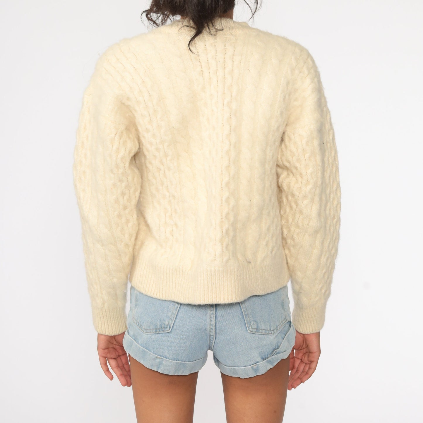 80s Wool Cable Knit Cardigan Cream Fisherman Sweater Button Up Extra Small