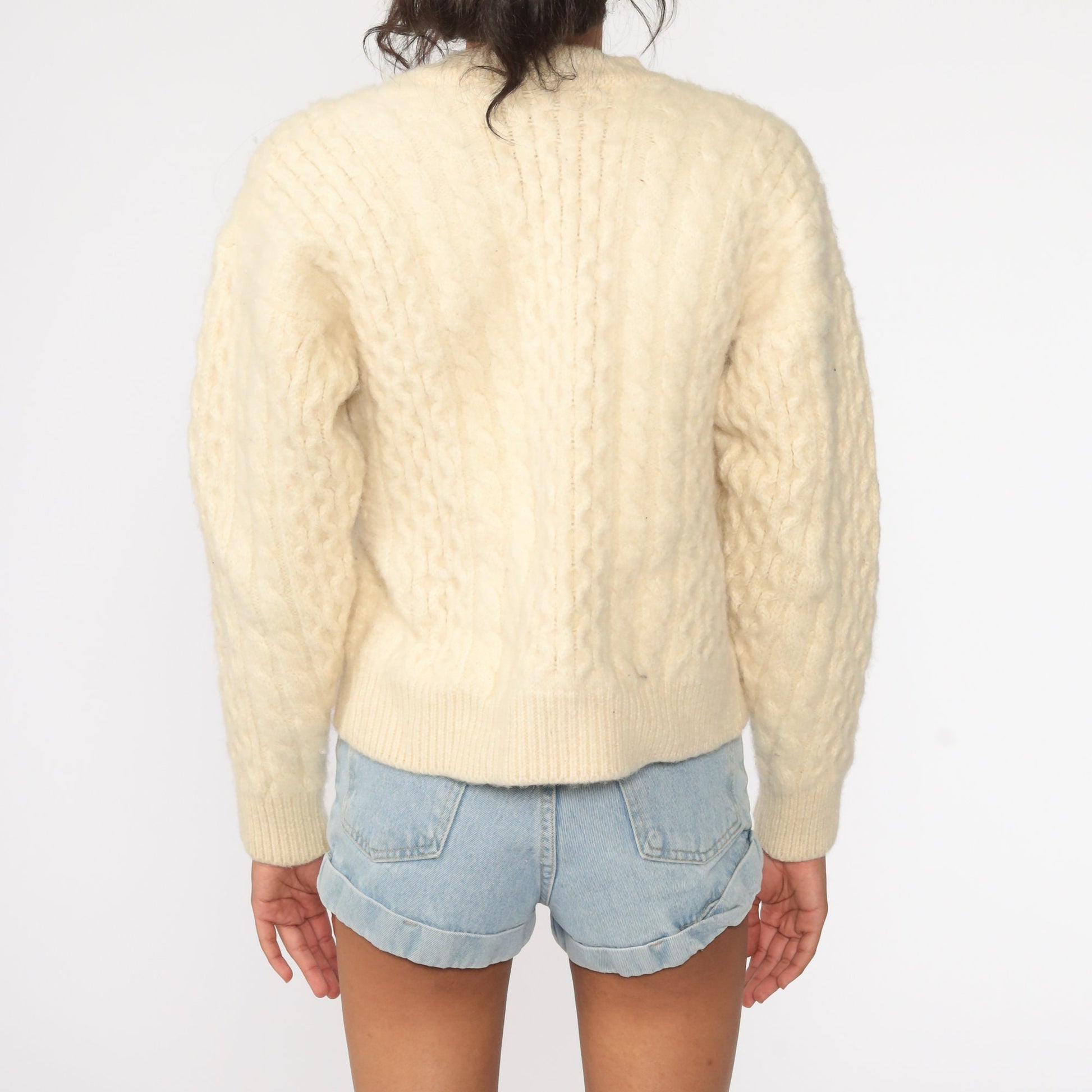 80s Wool Cable Knit Cardigan Cream Fisherman Sweater Button Up Extra Small