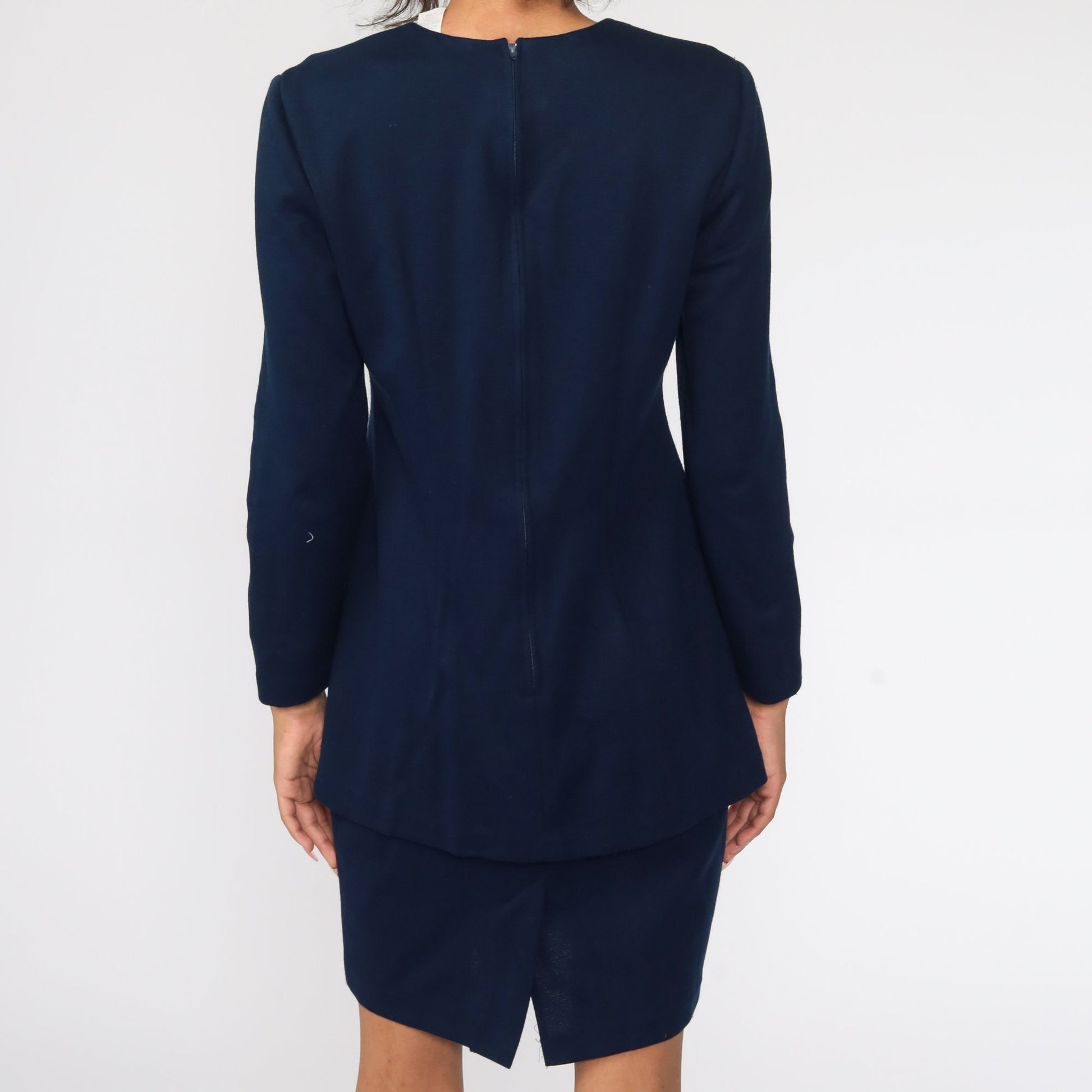 80s Navy Blue Sheath Dress Long Sleeve Wiggle Pencil Mini Small