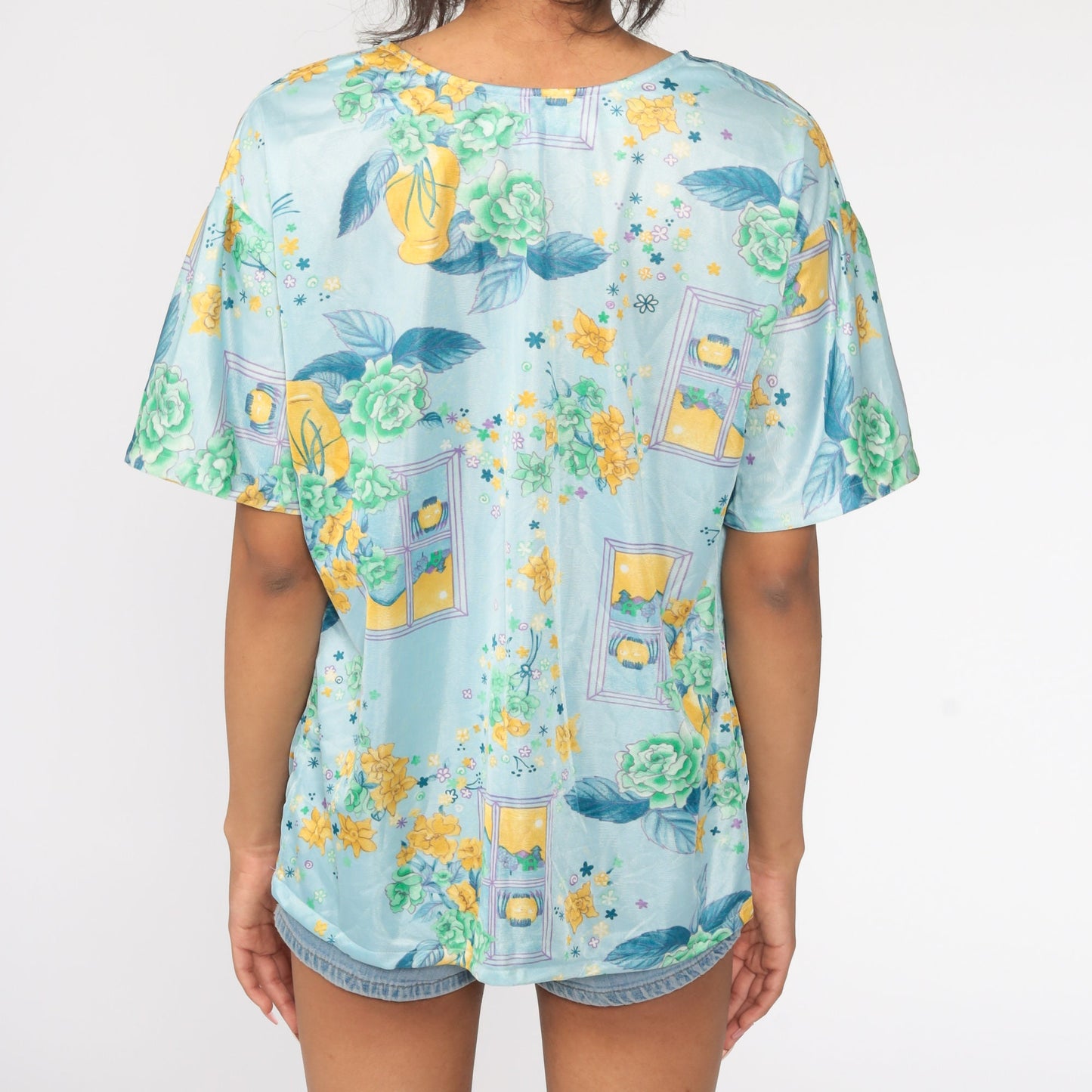 70s Floral Window Print Blouse Blue Short Sleeve Tunic Large