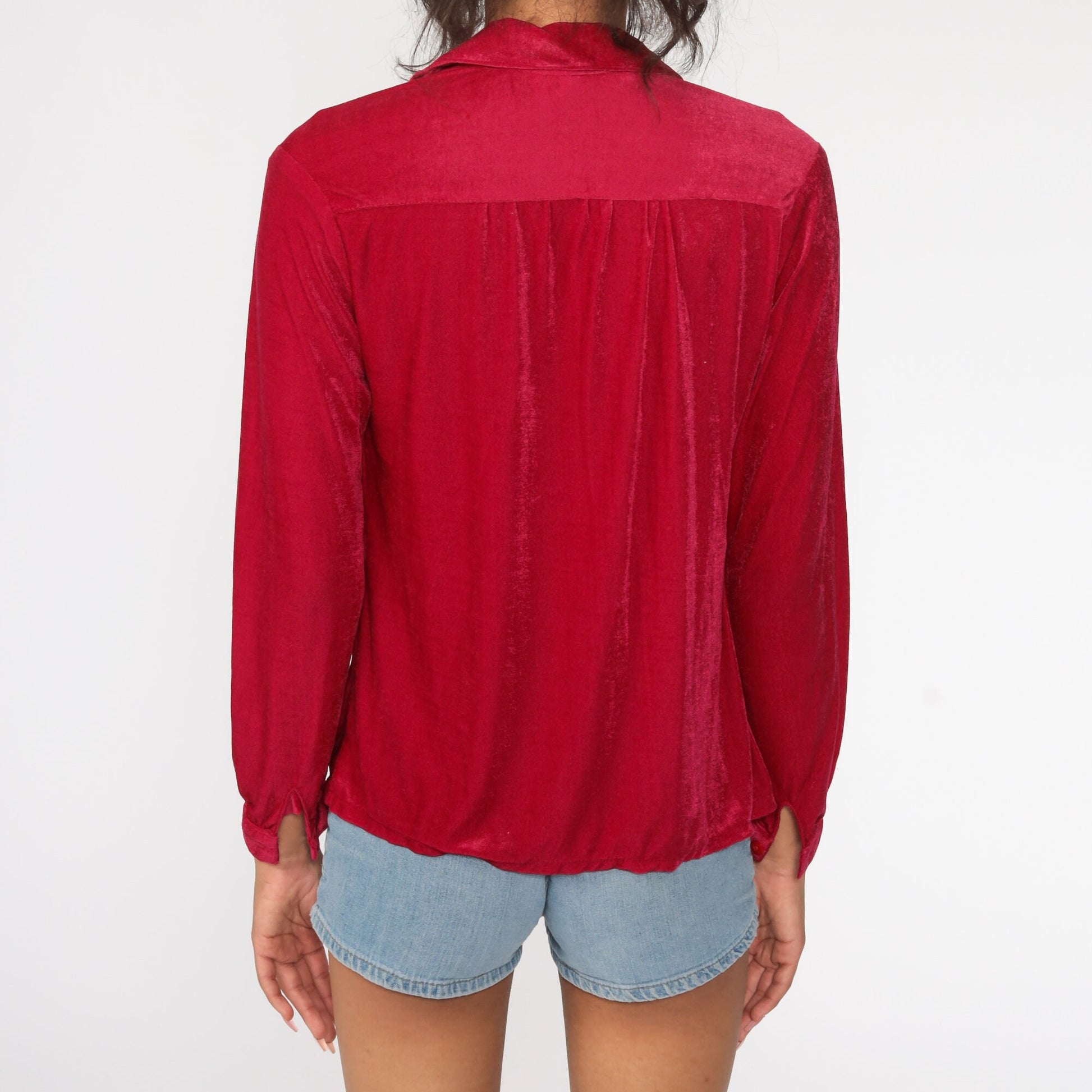 70s Velour Button-Up Shirt Raspberry Long Sleeve Small Medium