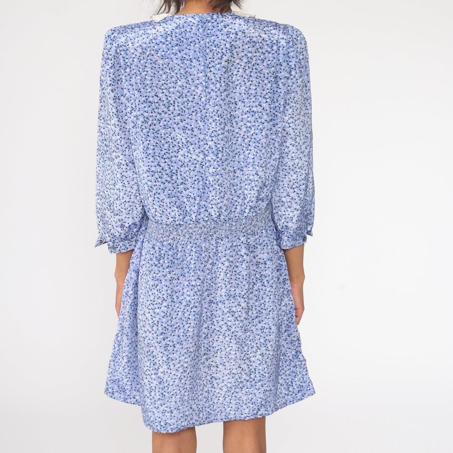 80s Blue Floral Puff Sleeve Dress Lace Trim Mini Large