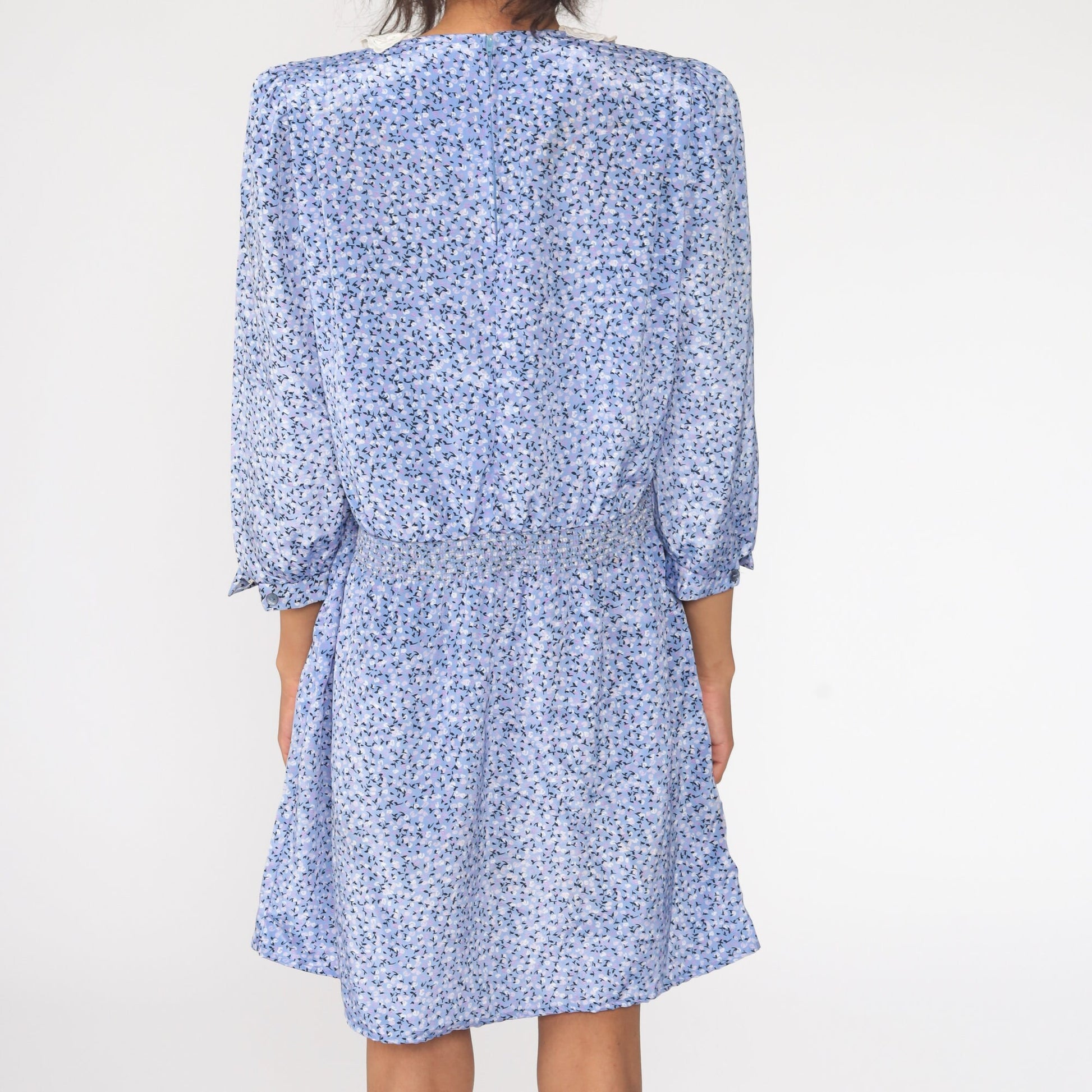 80s Blue Floral Puff Sleeve Dress Lace Trim Mini Large