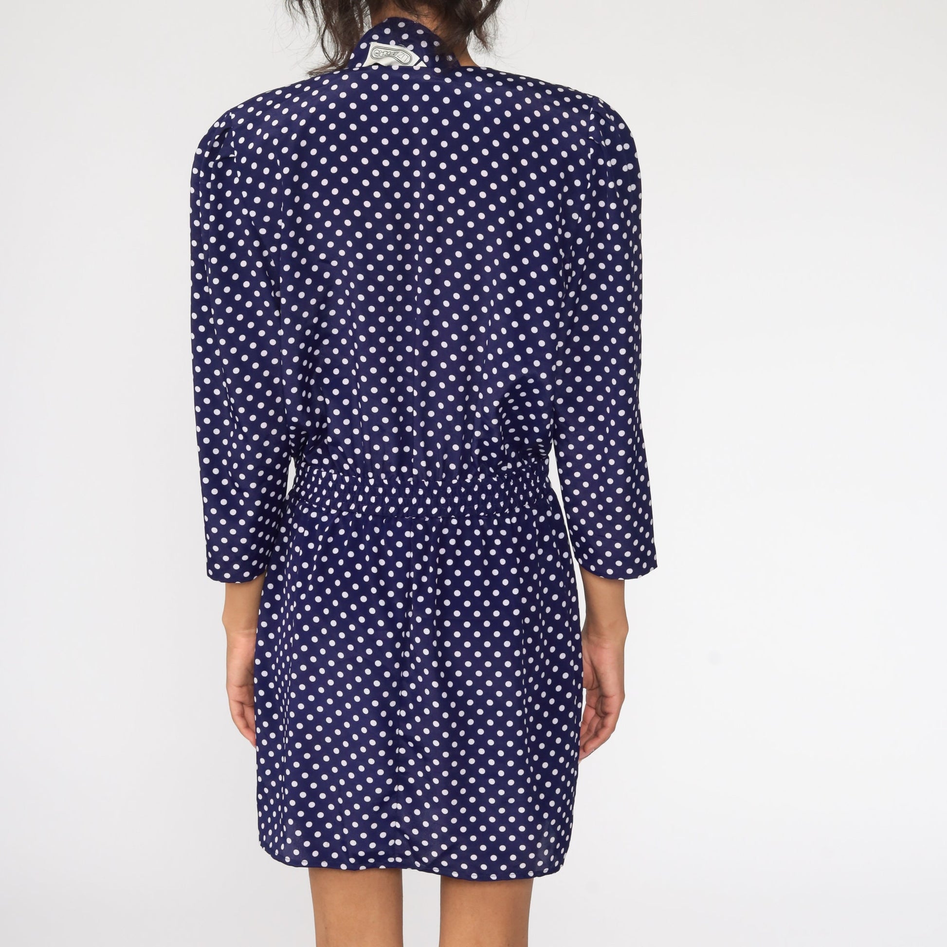 80s Navy Polka Dot Button-Up Mini Dress V-Neck Long Sleeve Small