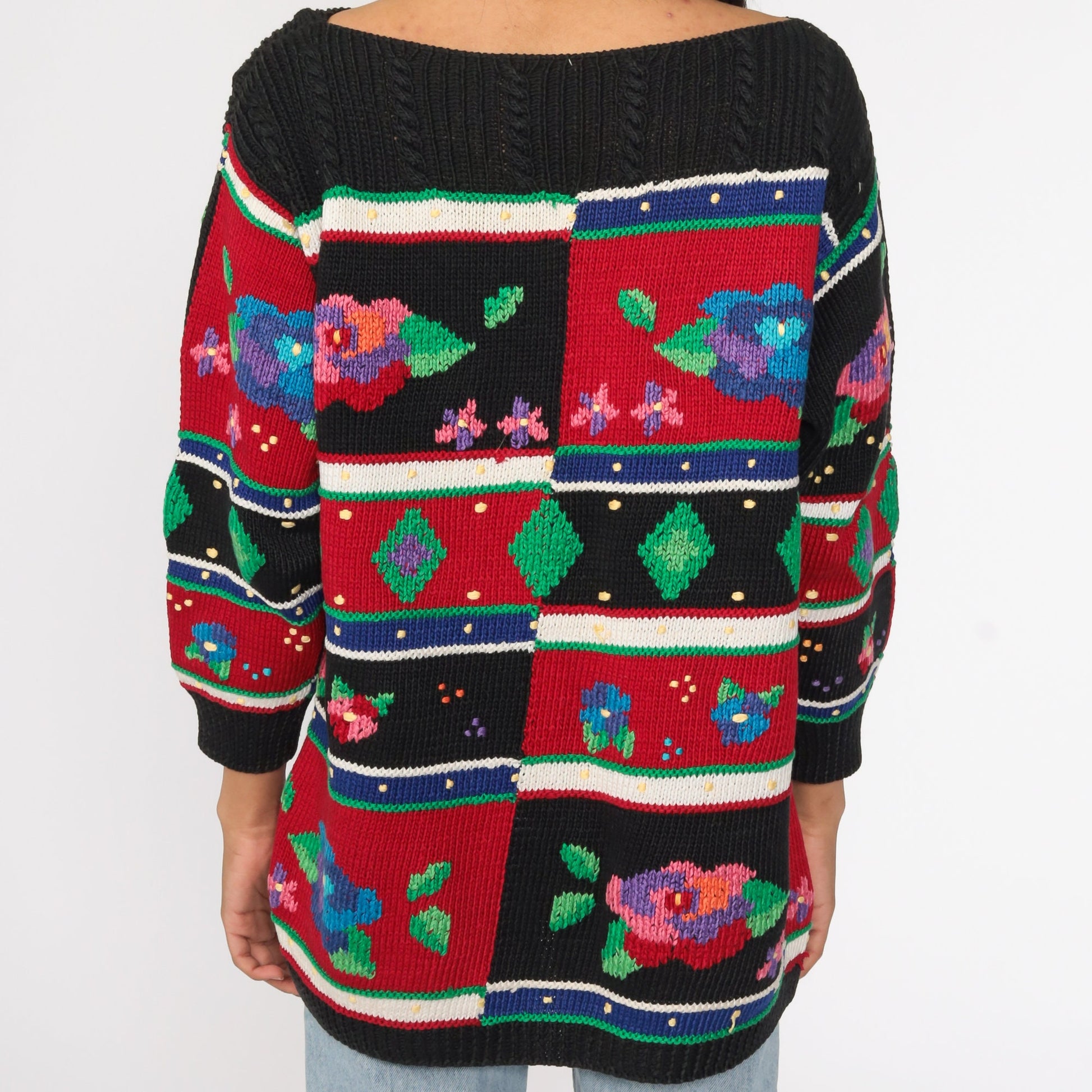 90s Striped Floral Cotton Pullover Sweater Knit Large