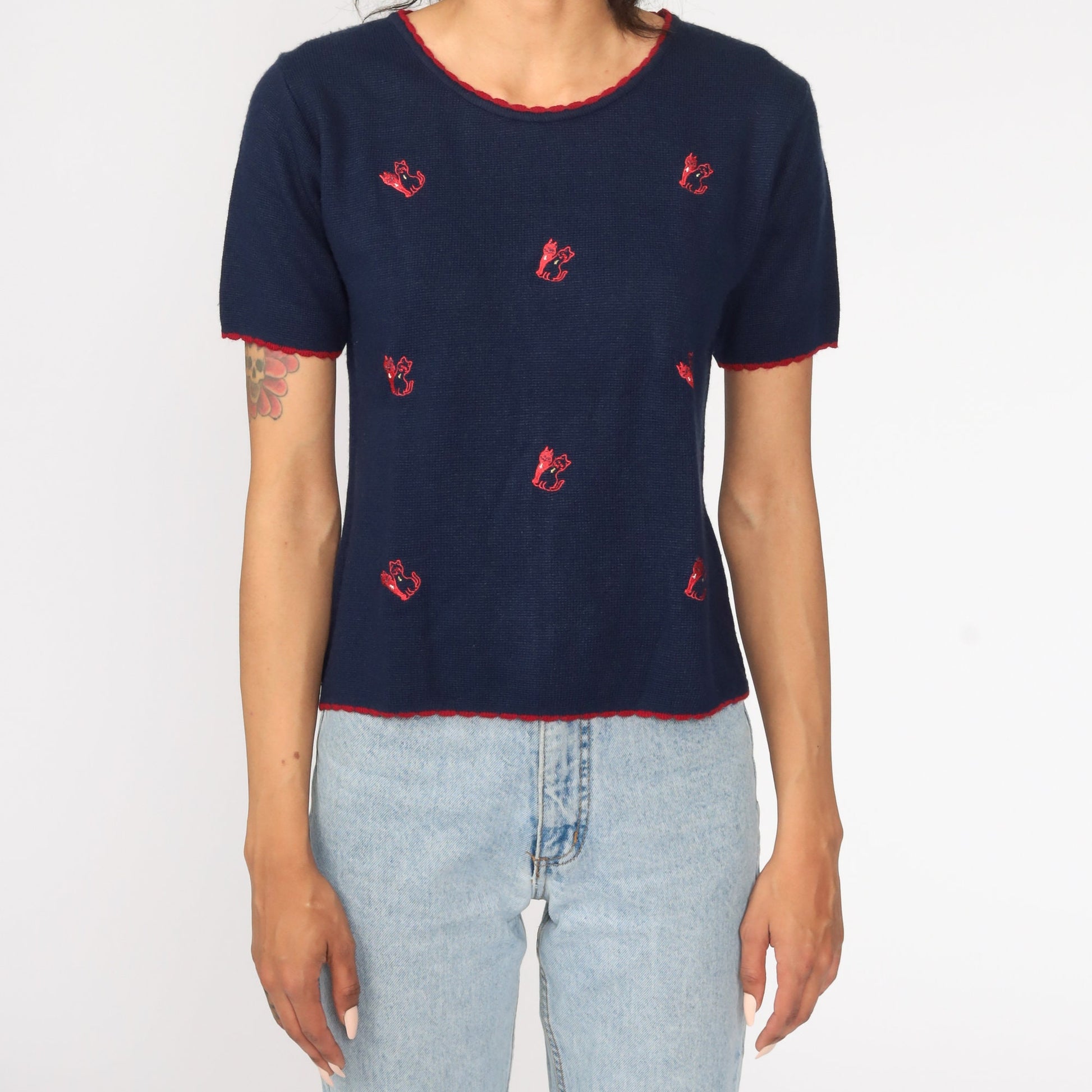 80s Navy Embroidered Cat Knit Top Short Sleeve Medium