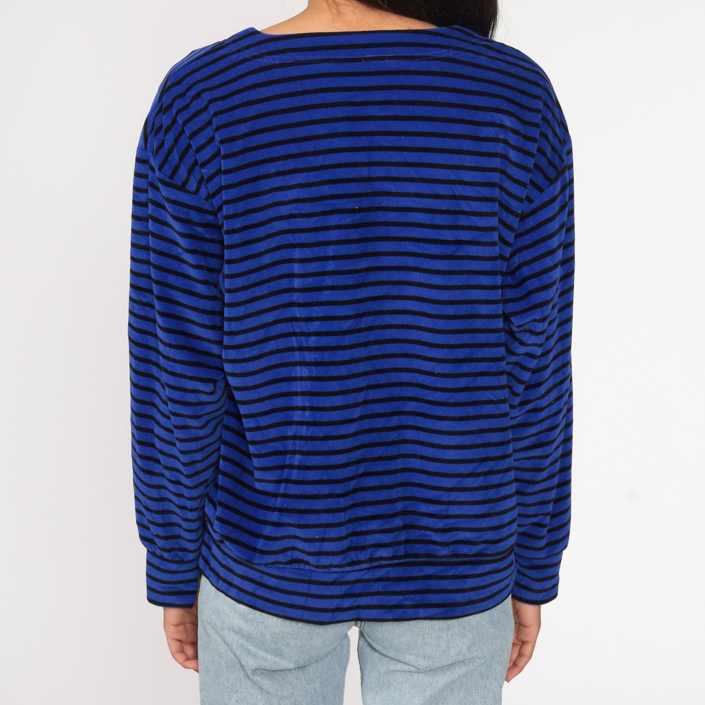80s Striped Velour Pullover Blue Gold Crest Long Sleeve Small