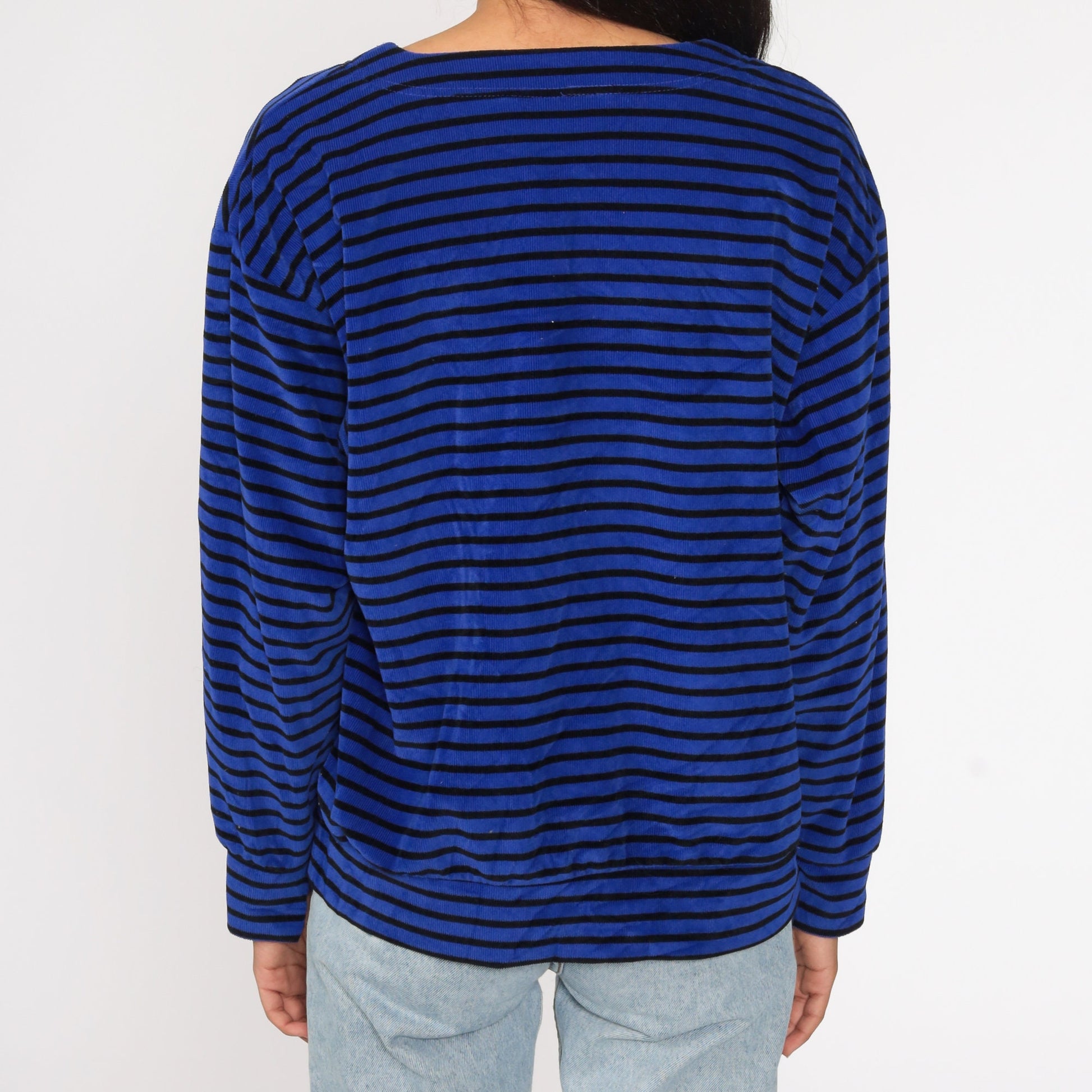 80s Striped Velour Pullover Blue Gold Crest Long Sleeve Small
