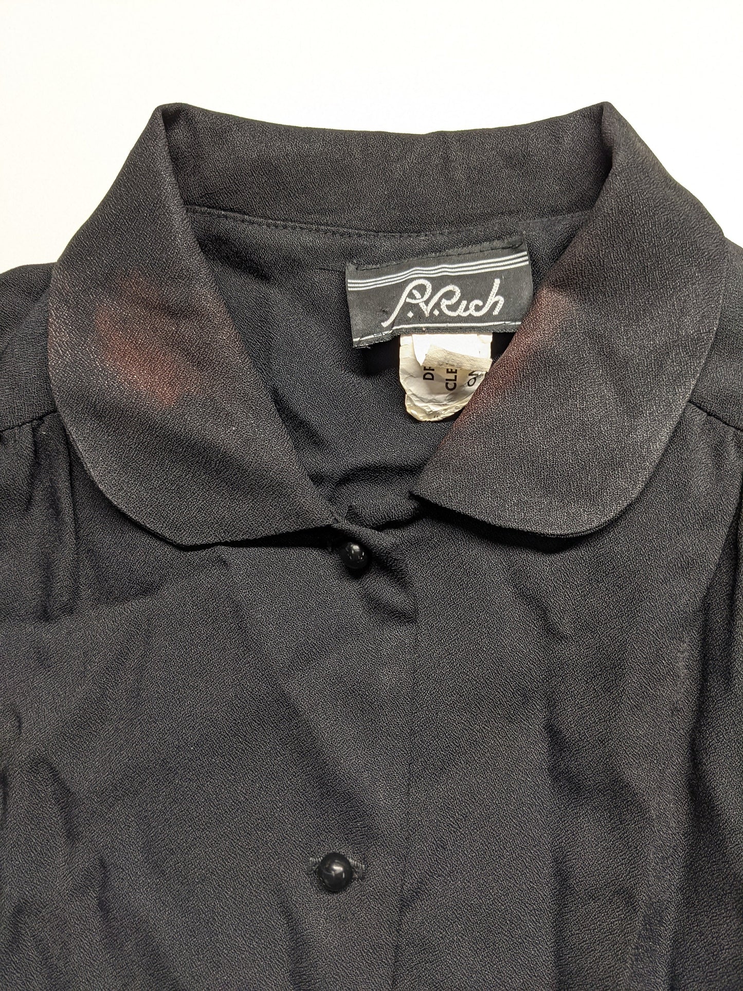 80s Black Mini Dress Drop Waist Puff Sleeve Button-Up Medium