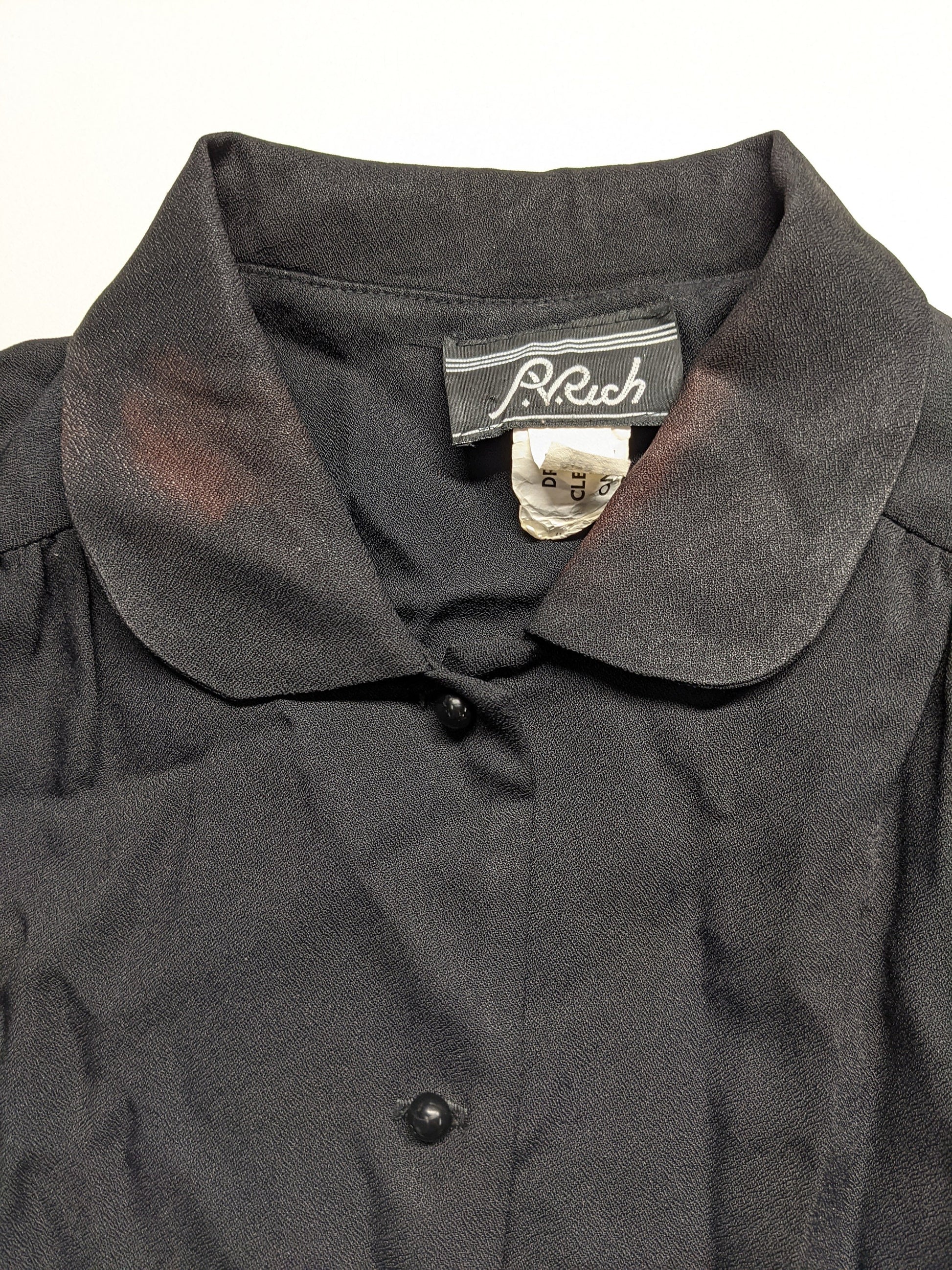 80s Black Mini Dress Drop Waist Puff Sleeve Button-Up Medium