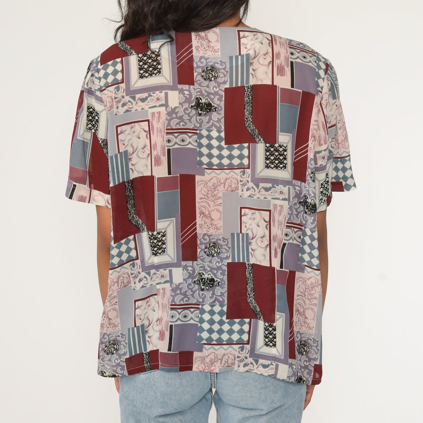 Y2K Patchwork Button-Up Blouse Burgundy Pink Short Sleeve Extra Large XXL