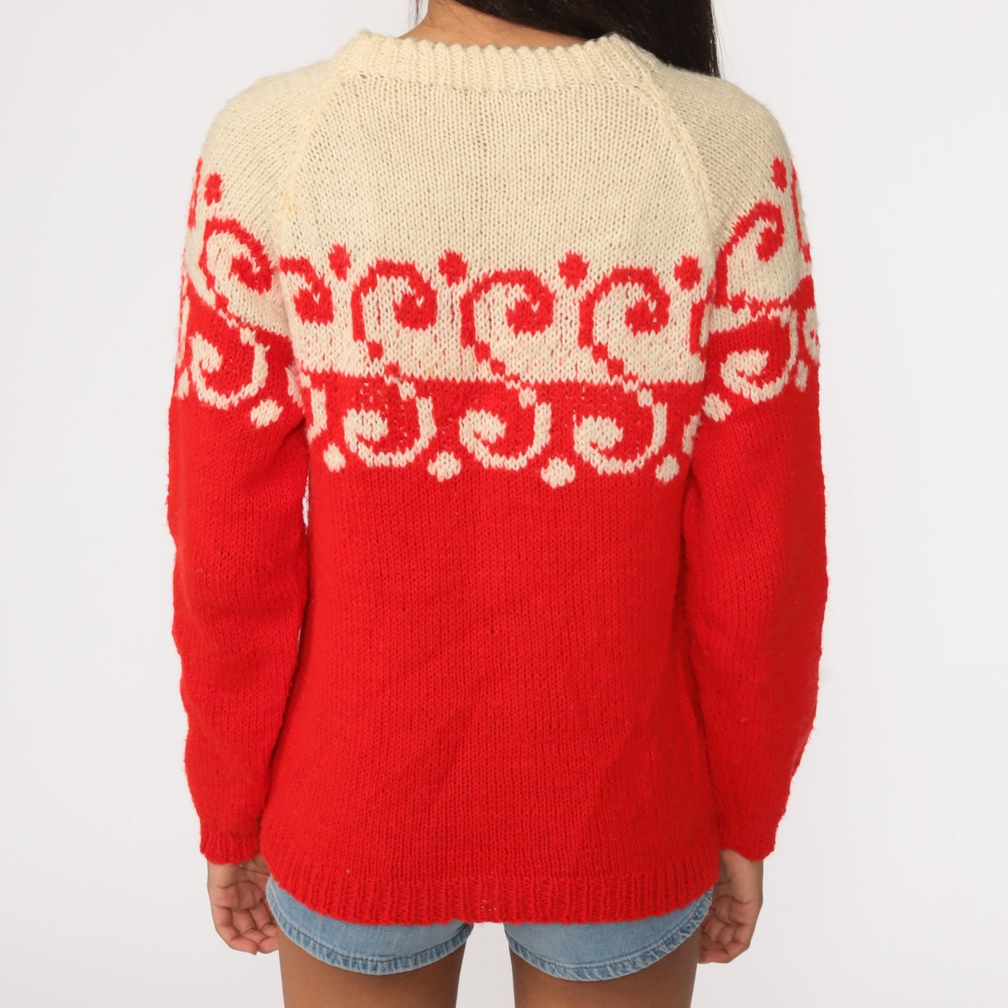70s Ski Sweater Red Cream Letter S Raglan Pullover Small Medium