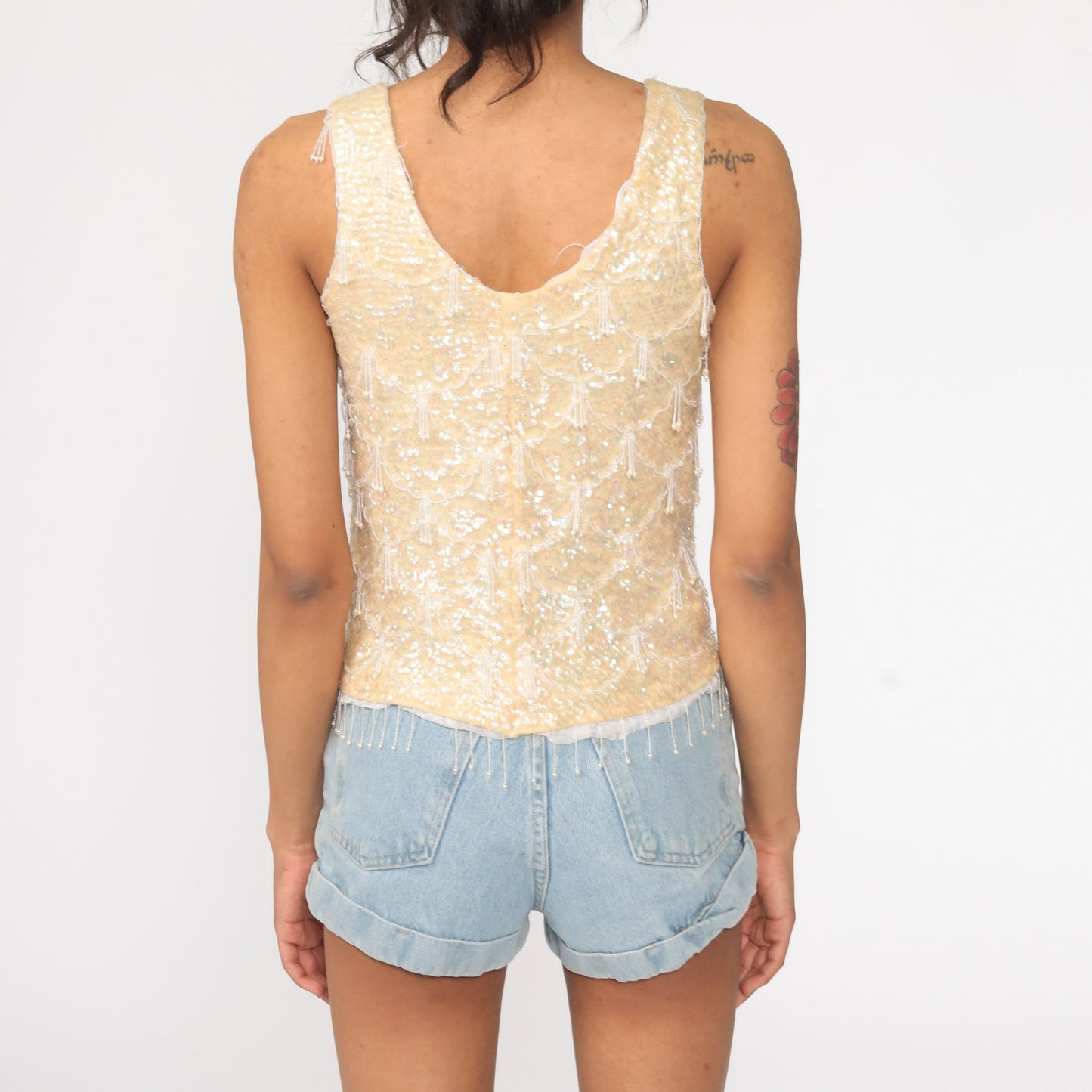 60s Beaded Sequin Knit Tank Top Cream Sleeveless Blouse Extra Small