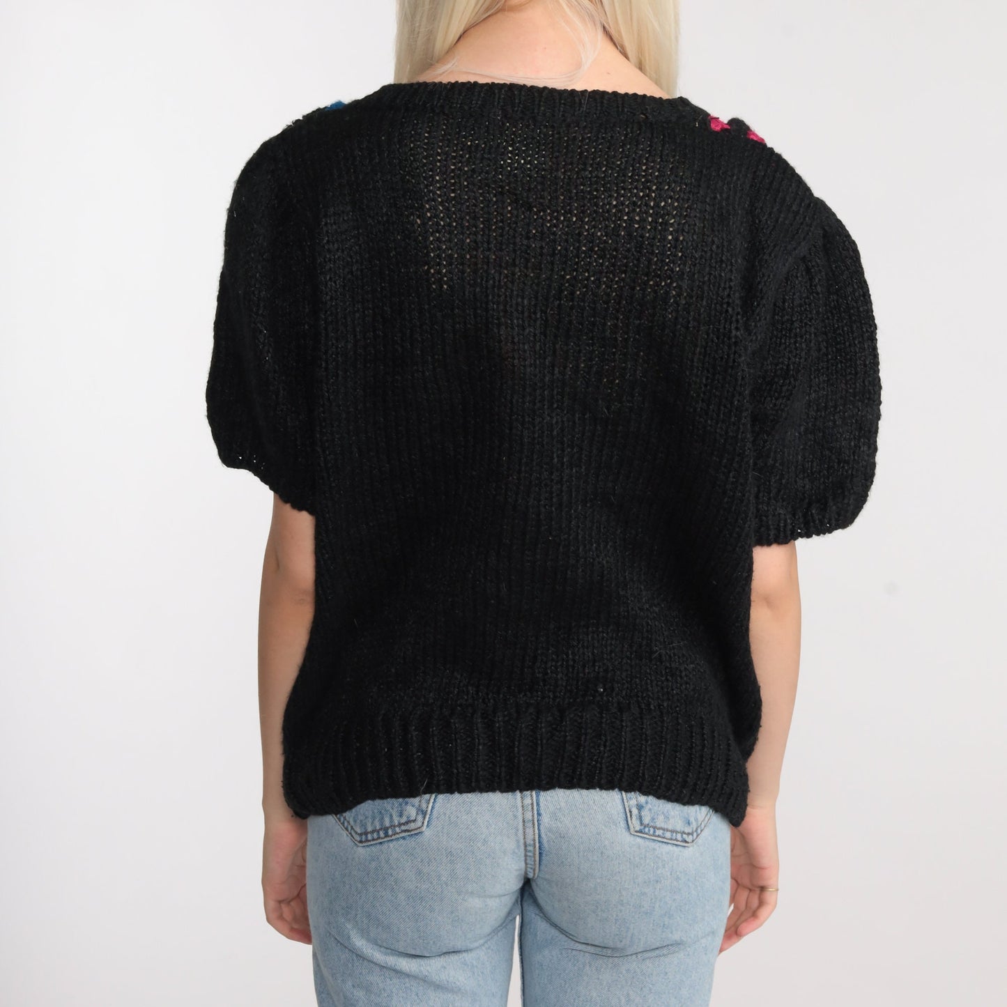 80s Color Block Cable Knit Sweater Top Black Magenta Blue Short Sleeve Large