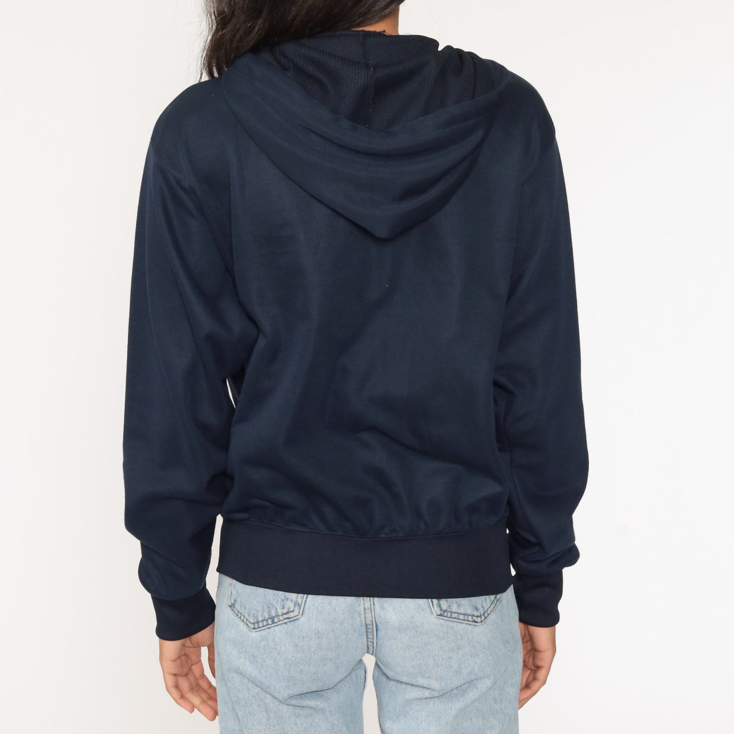 80s Blue Zip-Up Hoodie Sweatshirt Navy Pockets Medium