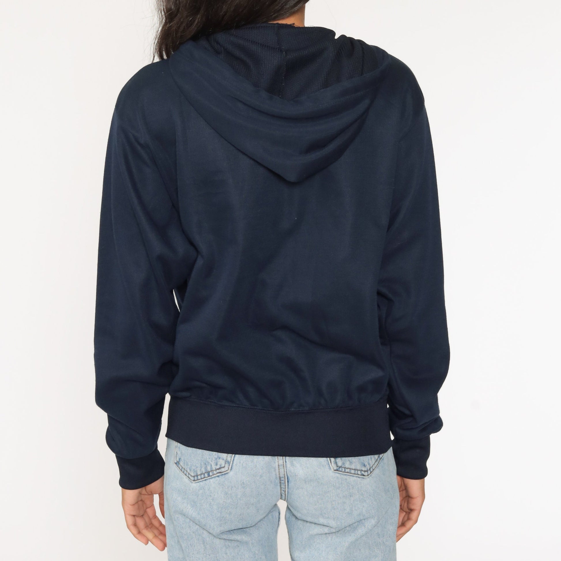 80s Blue Zip-Up Hoodie Sweatshirt Navy Pockets Medium