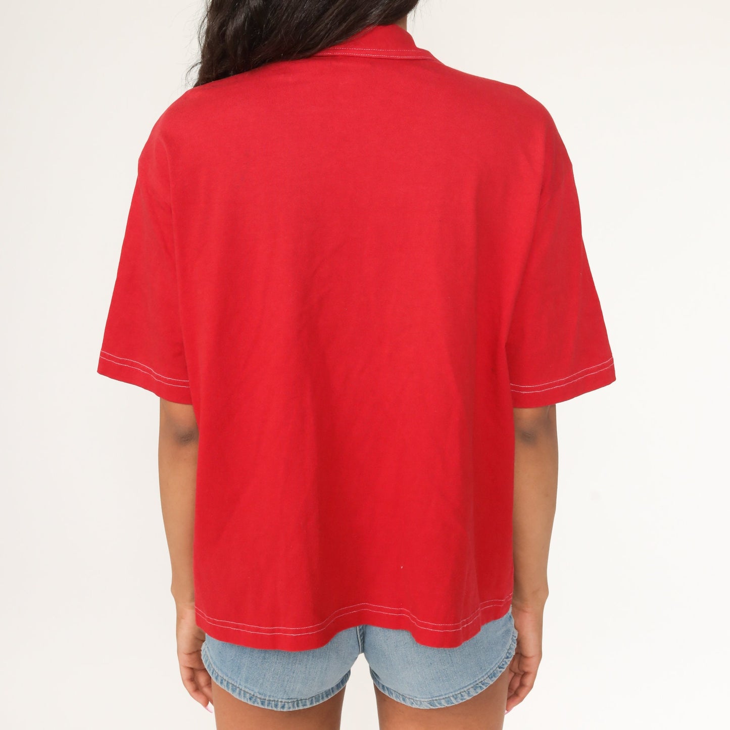 70s Red Cotton Button-Up Shirt Pointed Collar Short Sleeve Medium