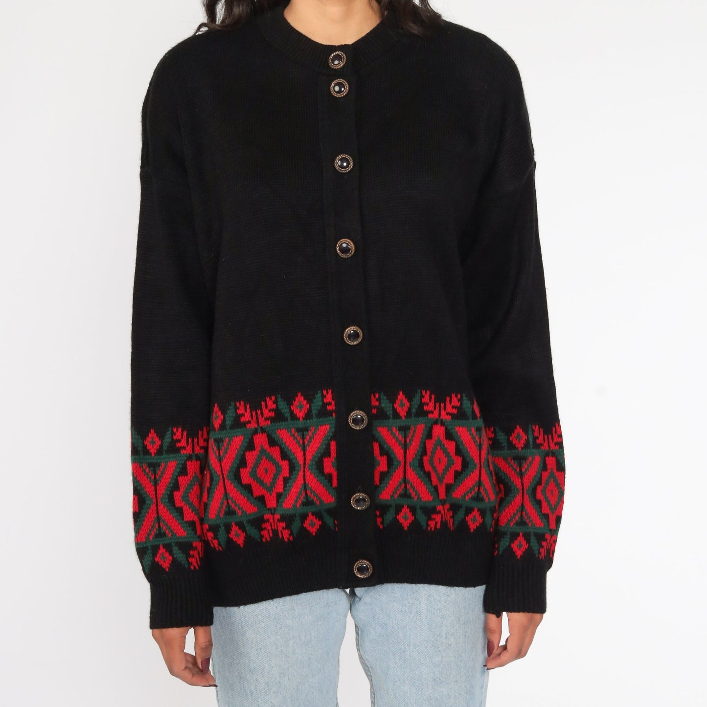 80s Southwestern Tribal Cardigan Black Red Knit Sweater Large