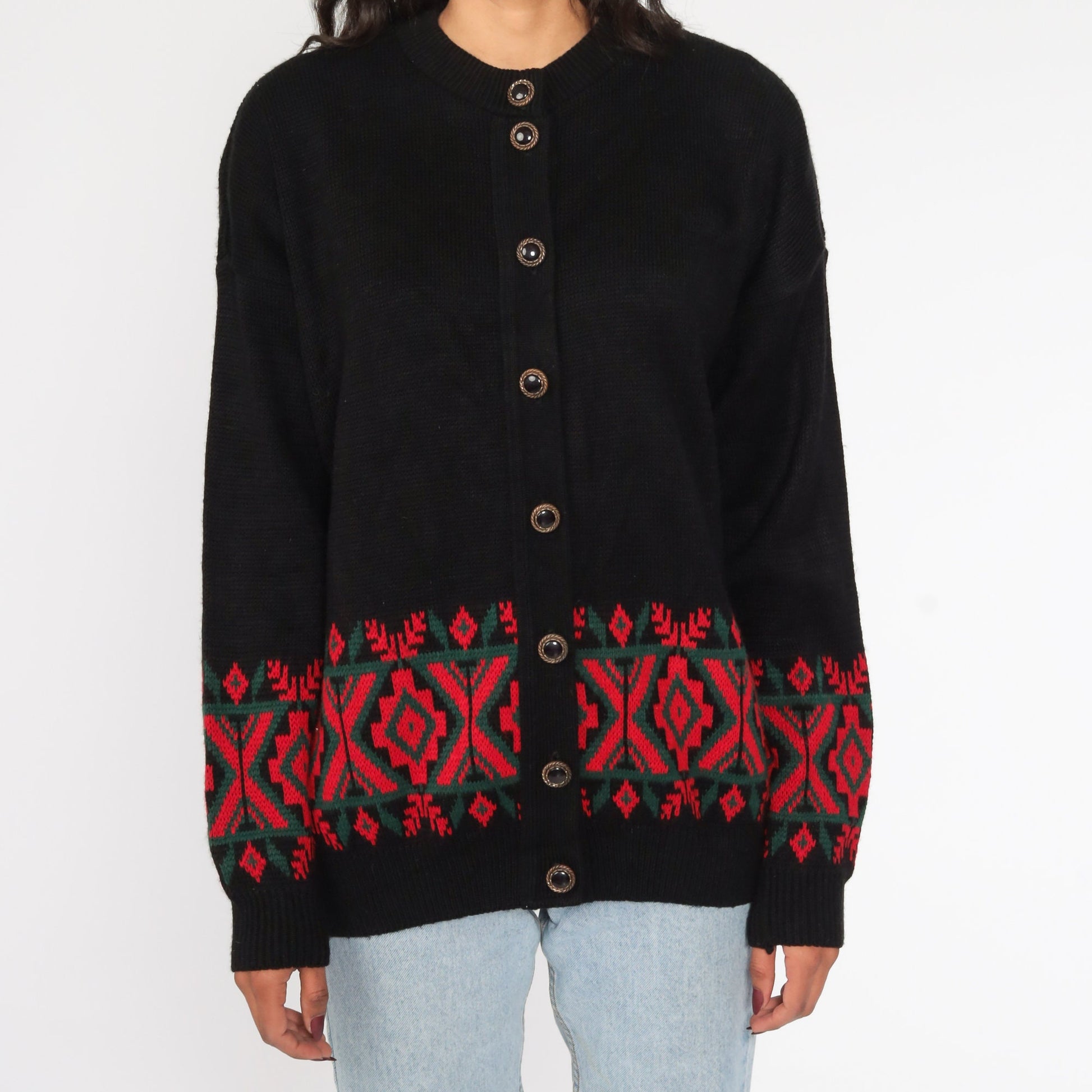 80s Southwestern Tribal Cardigan Black Red Knit Sweater Large