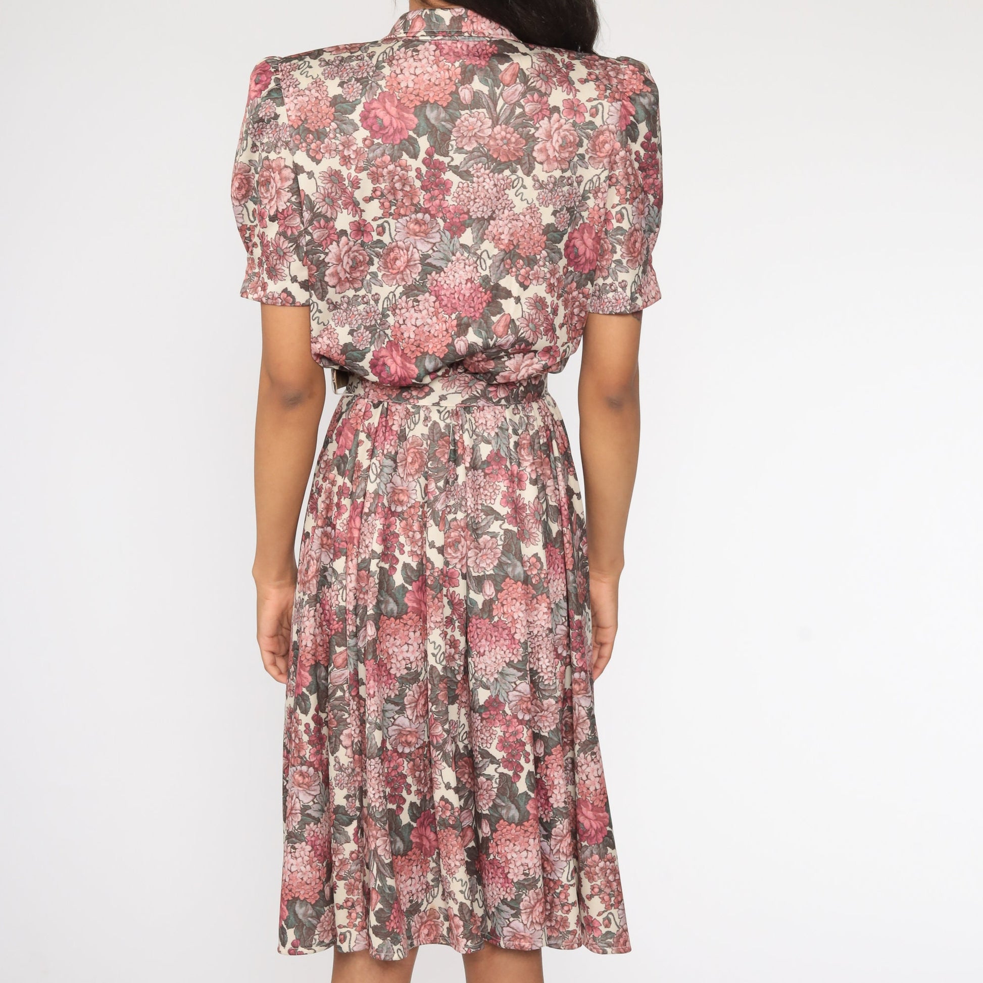 70s Floral Midi Dress High Waist Puff Sleeve Button Up Medium