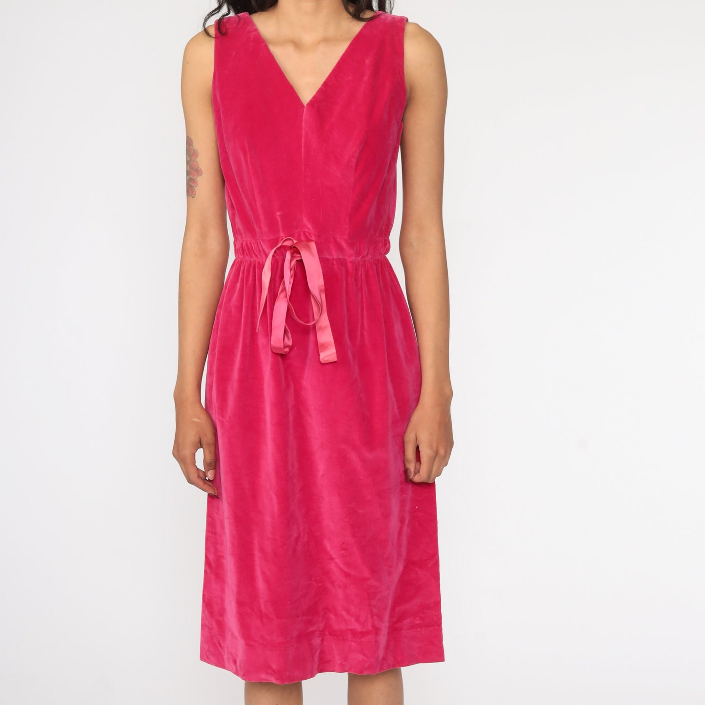 60s Pink Velvet Midi Dress Sheath V-Neck Small