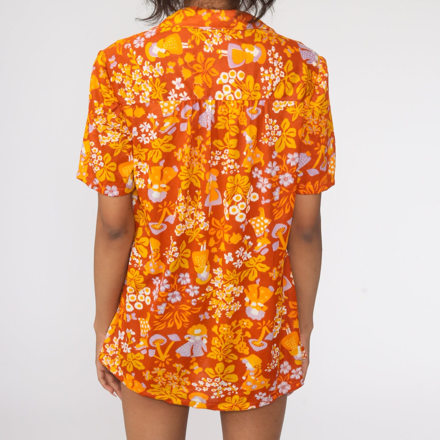 70s Mushroom Print Tunic Blouse Burnt Orange Short Sleeve Medium