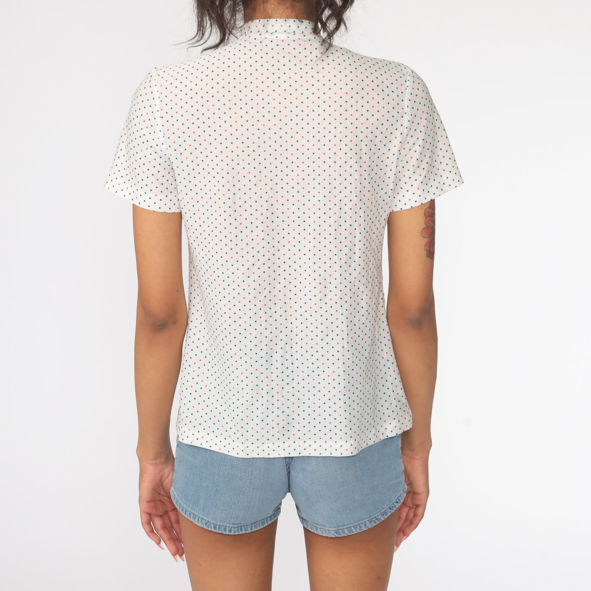 70s Ascot Blouse White Polka Dot Button Up Cap Sleeve Small S