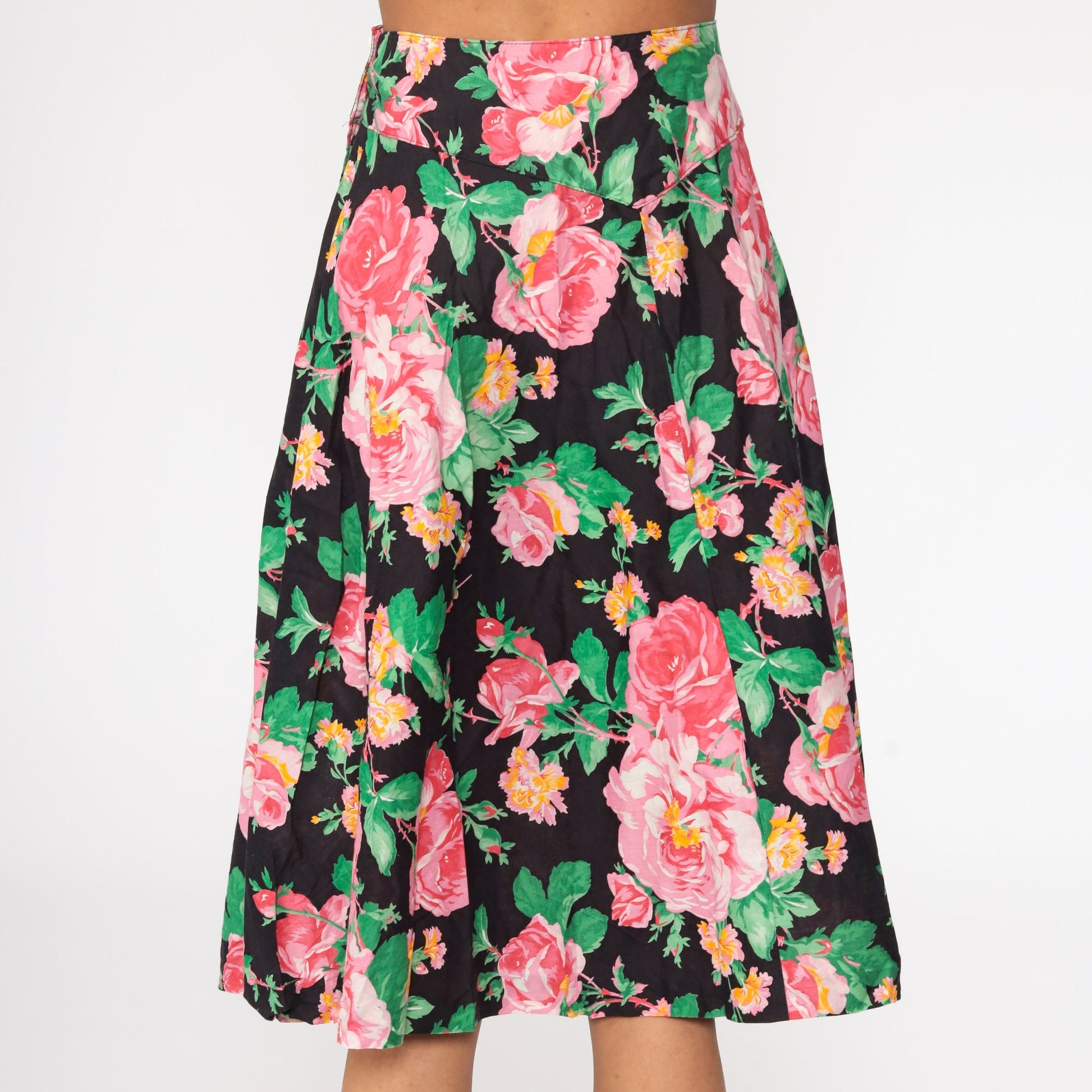 80s Floral Midi Skirt High Waisted Full Black Pink Cotton Extra Small