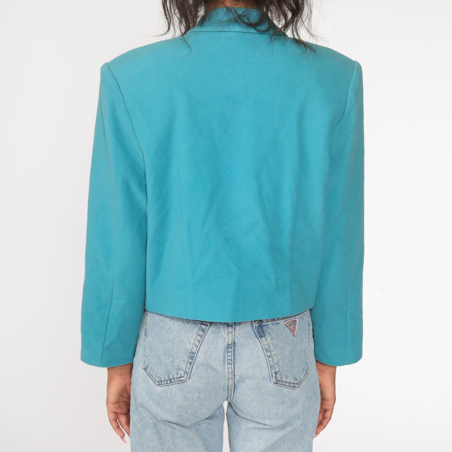 80s Turquoise Wool Blazer Tailored Jacket Collared Medium