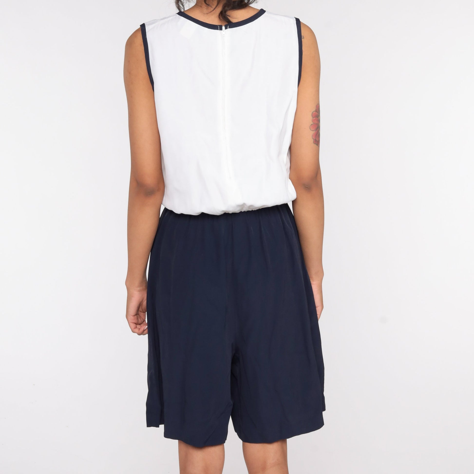 80s Navy White Sleeveless Romper Playsuit Shorts Jumpsuit Medium