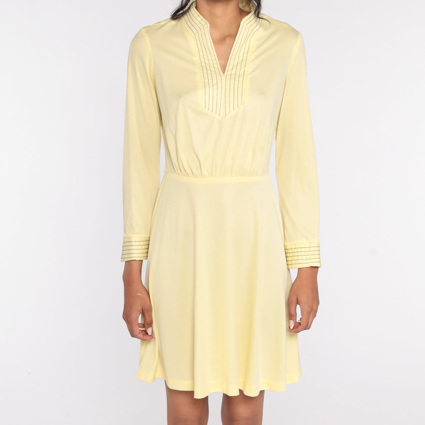 70s Pale Yellow Mini Dress High Waist Long Sleeve Polyester Small Medium