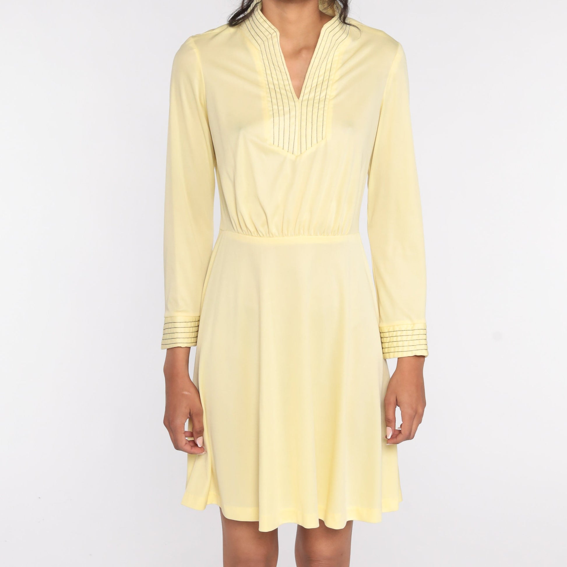 70s Pale Yellow Mini Dress High Waist Long Sleeve Polyester Small Medium