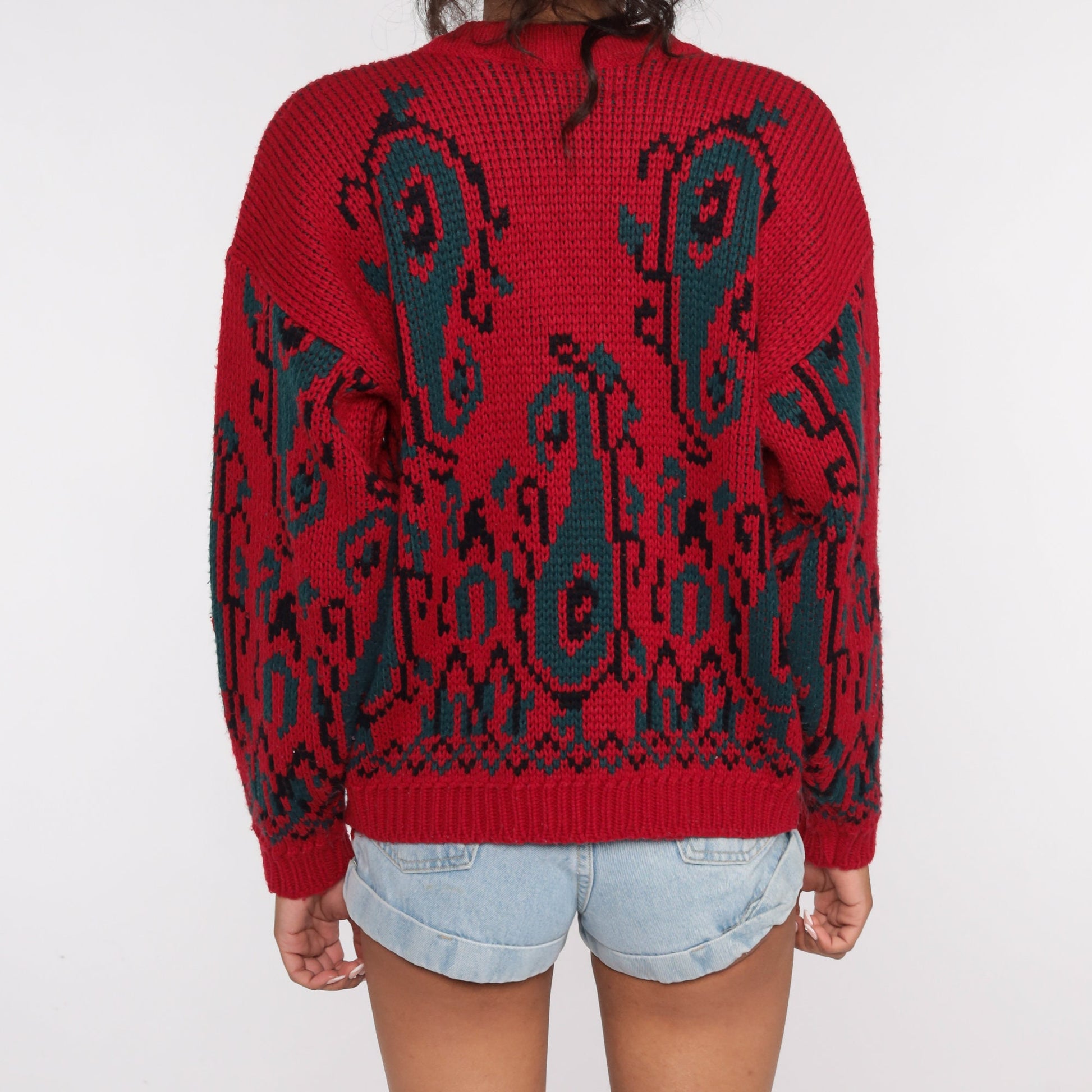 90s Paisley Cardigan Sweater Red Geometric Knit Button Up Medium