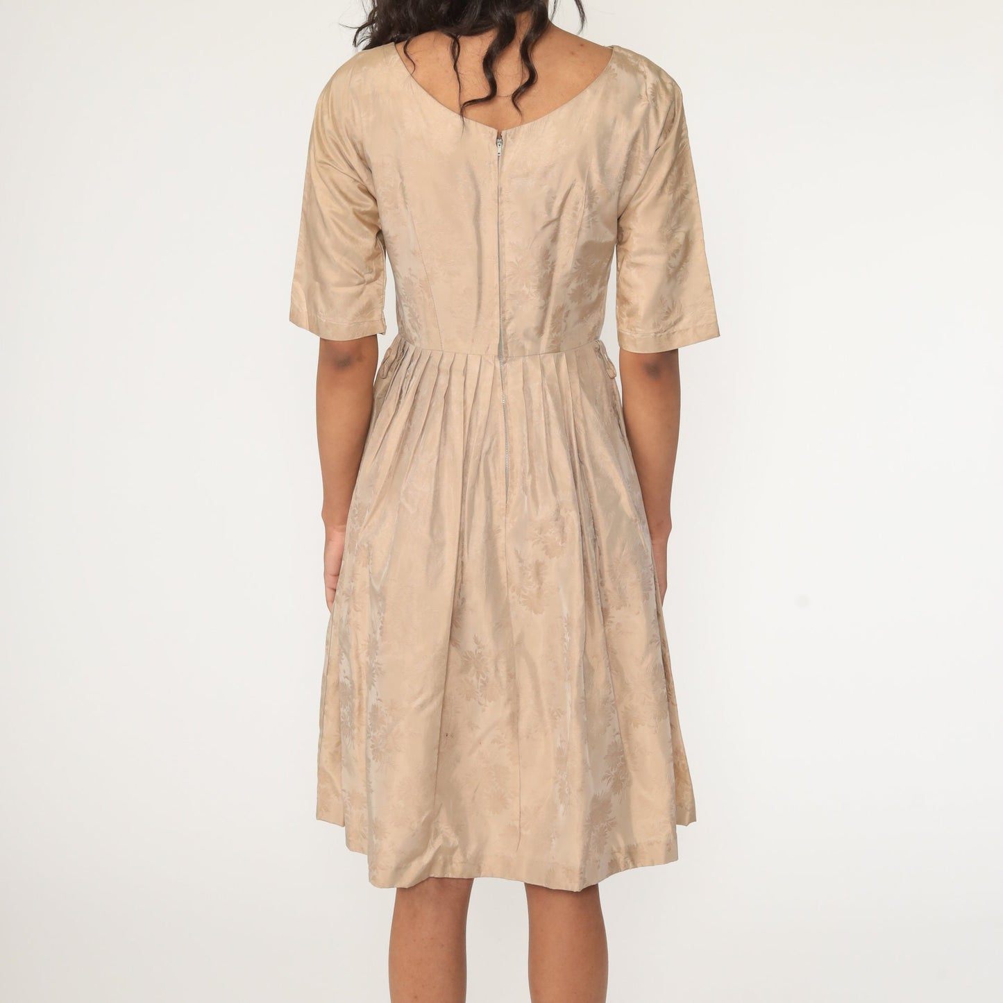 60s Floral Print Dress Pleated Skirt Tea Length Taupe Small