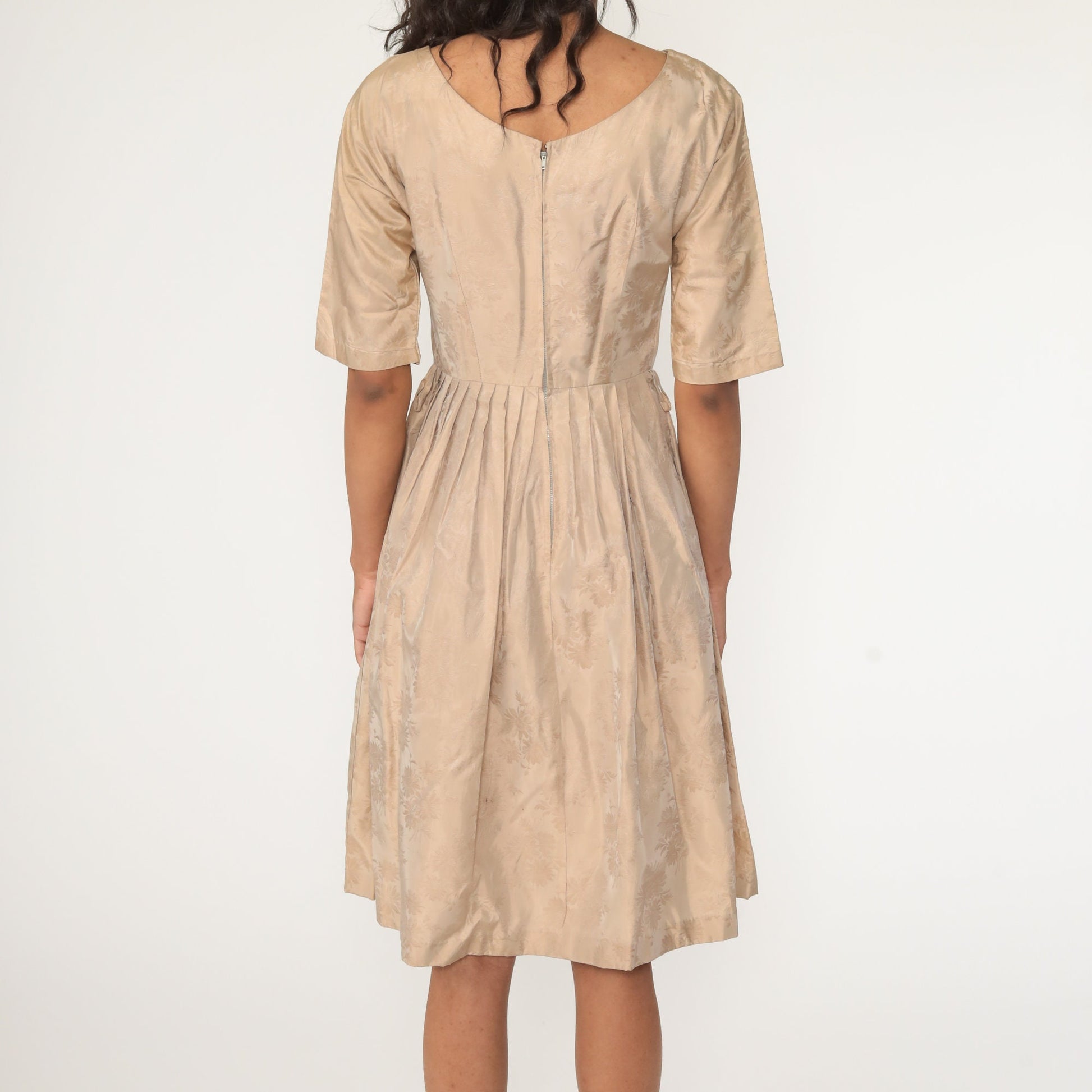 60s Floral Print Dress Pleated Skirt Tea Length Taupe Small