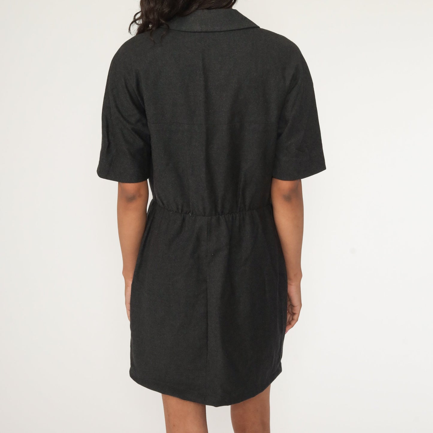 60s Mod Wool Shift Dress Peter Pan Collar Charcoal Mini Medium