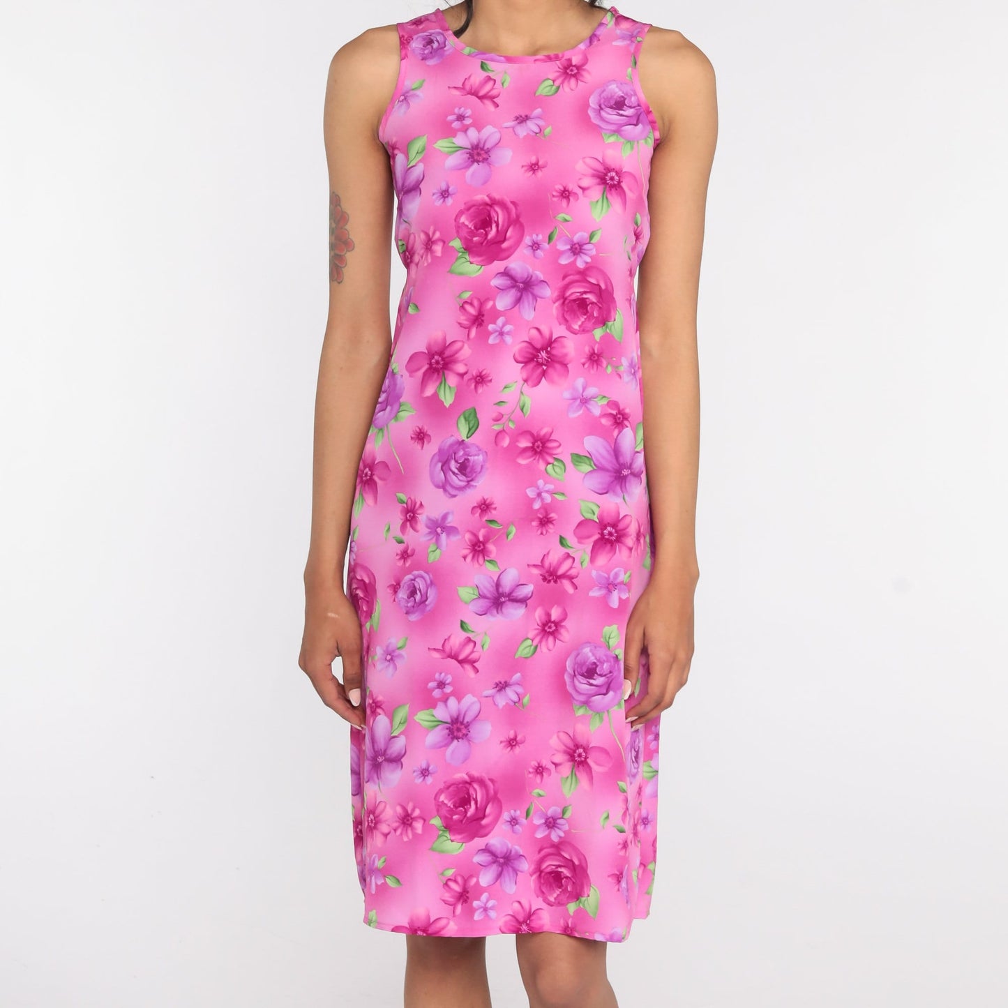 90s Floral Midi Sundress Pink Sleeveless Shift Dress Extra Small XS