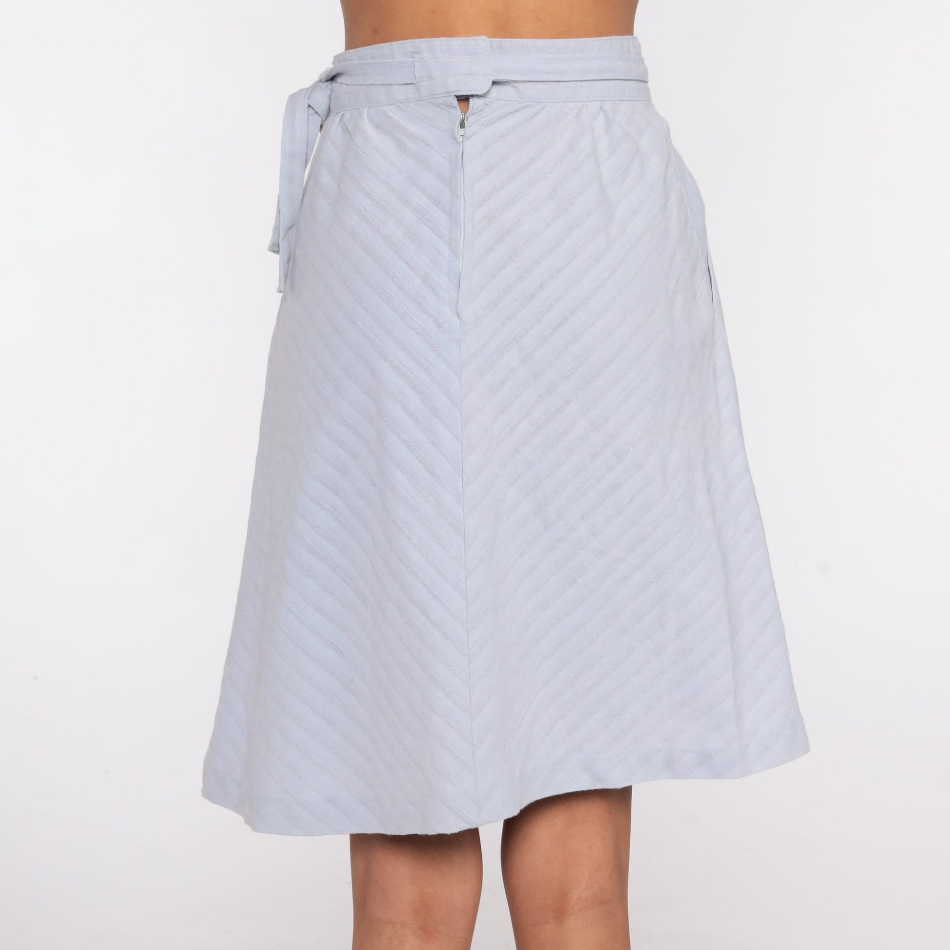 70s Light Blue Chevron Midi Skirt High Waist Cotton Pockets Small