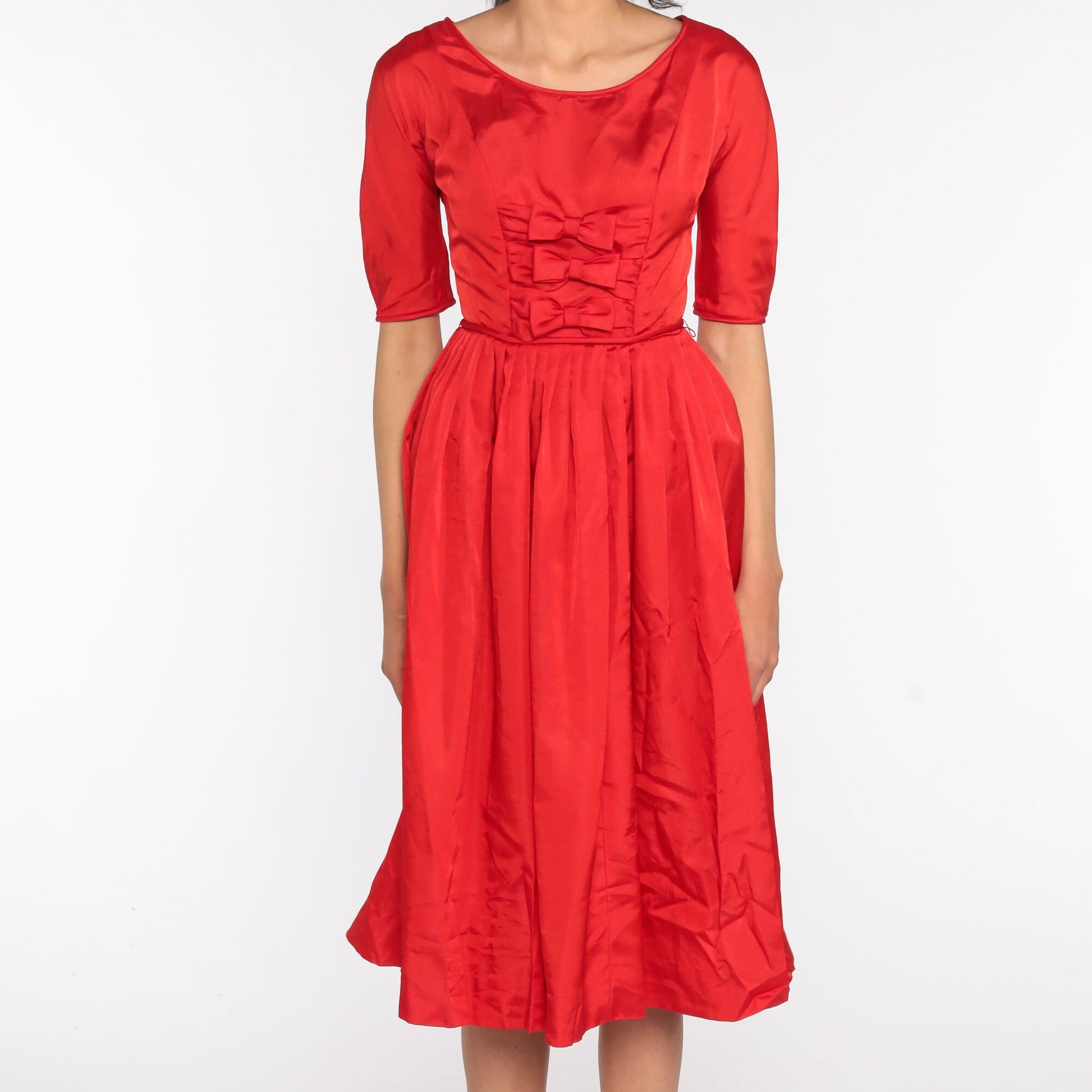60s Teena Paige Red Bow Party Dress Tea Length Extra Small