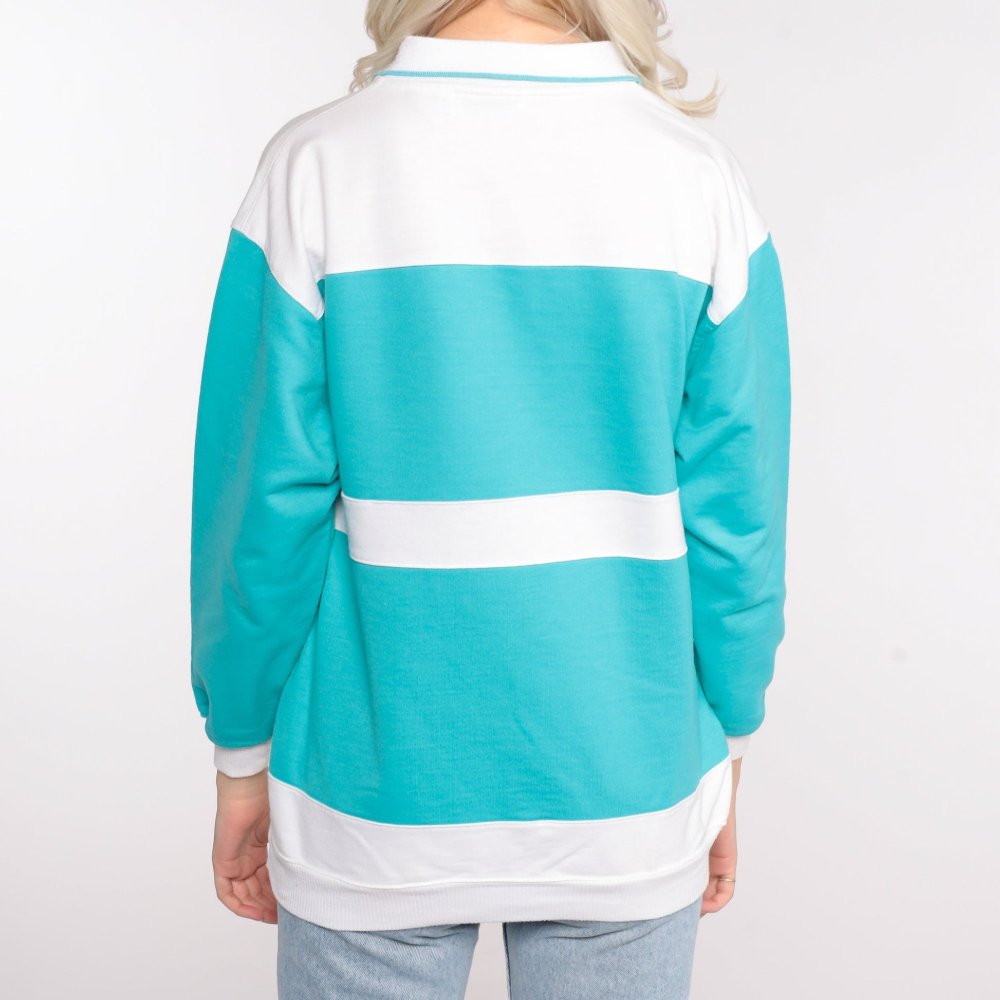 80s Polo Turquoise Striped Button Sweatshirt Medium
