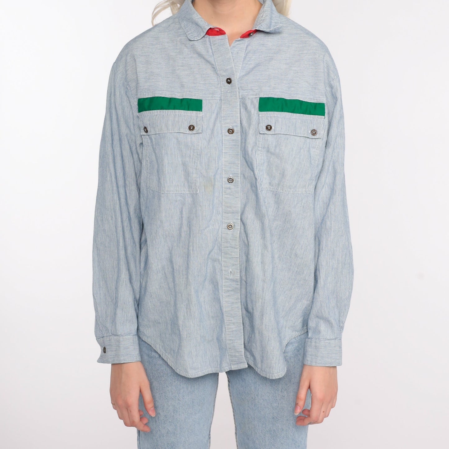 80s Striped Cotton Button-Up Shirt Blue Pinstripe Long Sleeve Large L