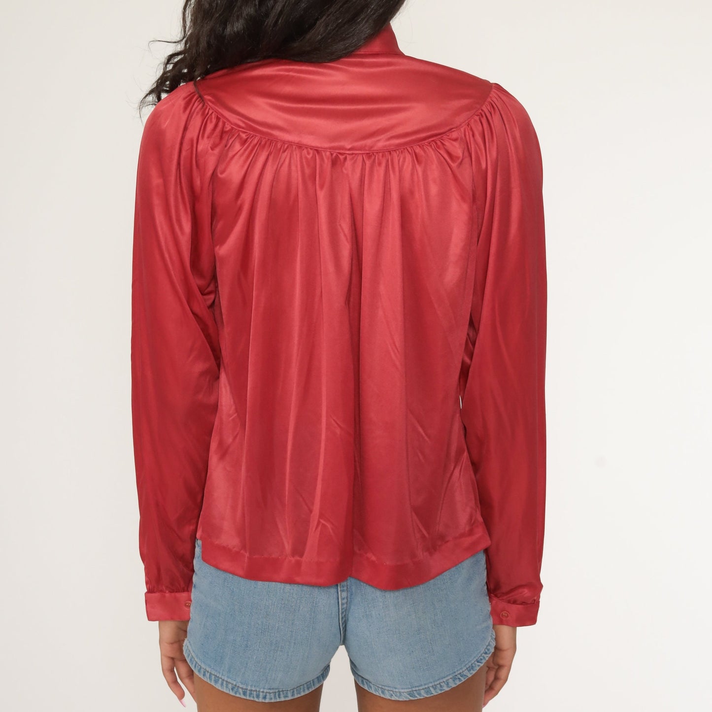 70s Dark Pink Button-Up Blouse Long Sleeve Tunic Loose Fit Medium