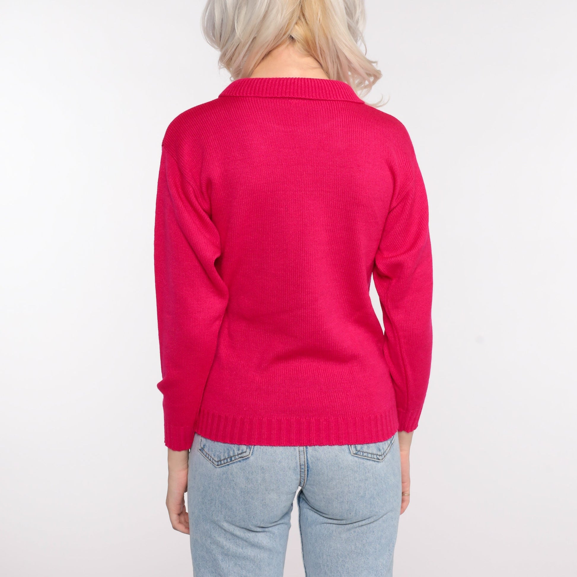 80s Deep Pink Collared Knit Sweater Pullover Extra Small XS