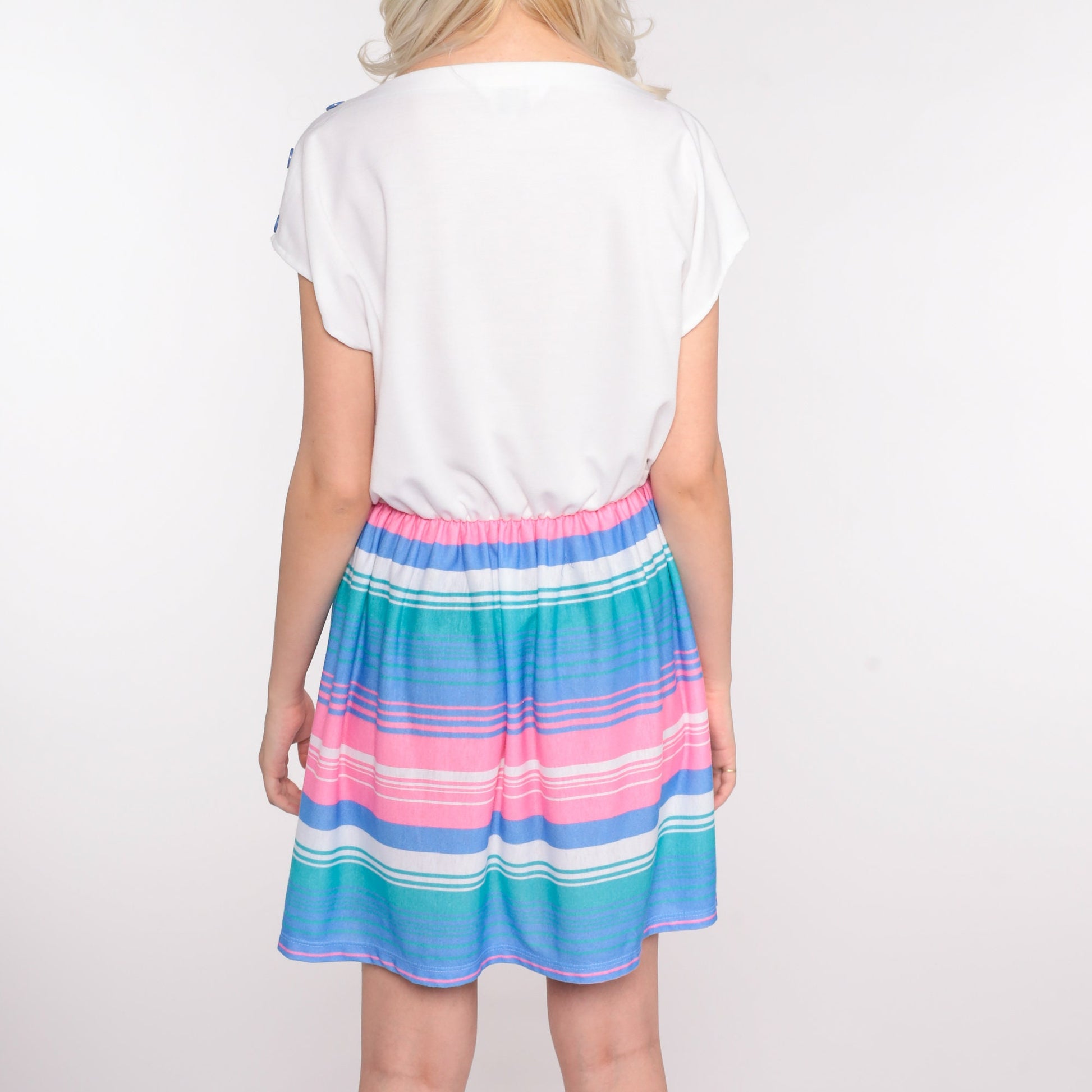 80s White Striped Mini Dress Cap Sleeve High Waist Pink Blue Large