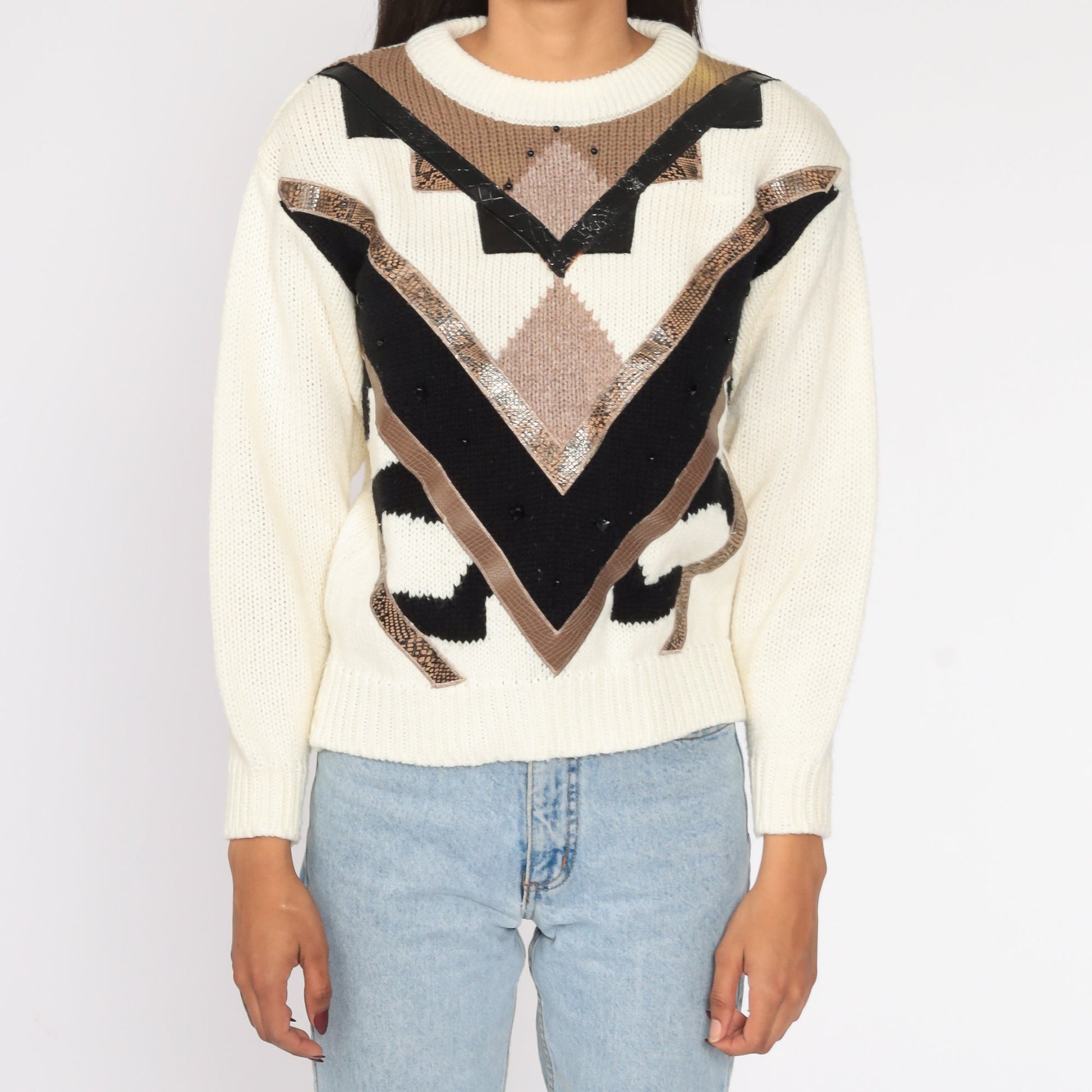 80s Geometric Knit Sweater Cream Pullover Slouchy Medium