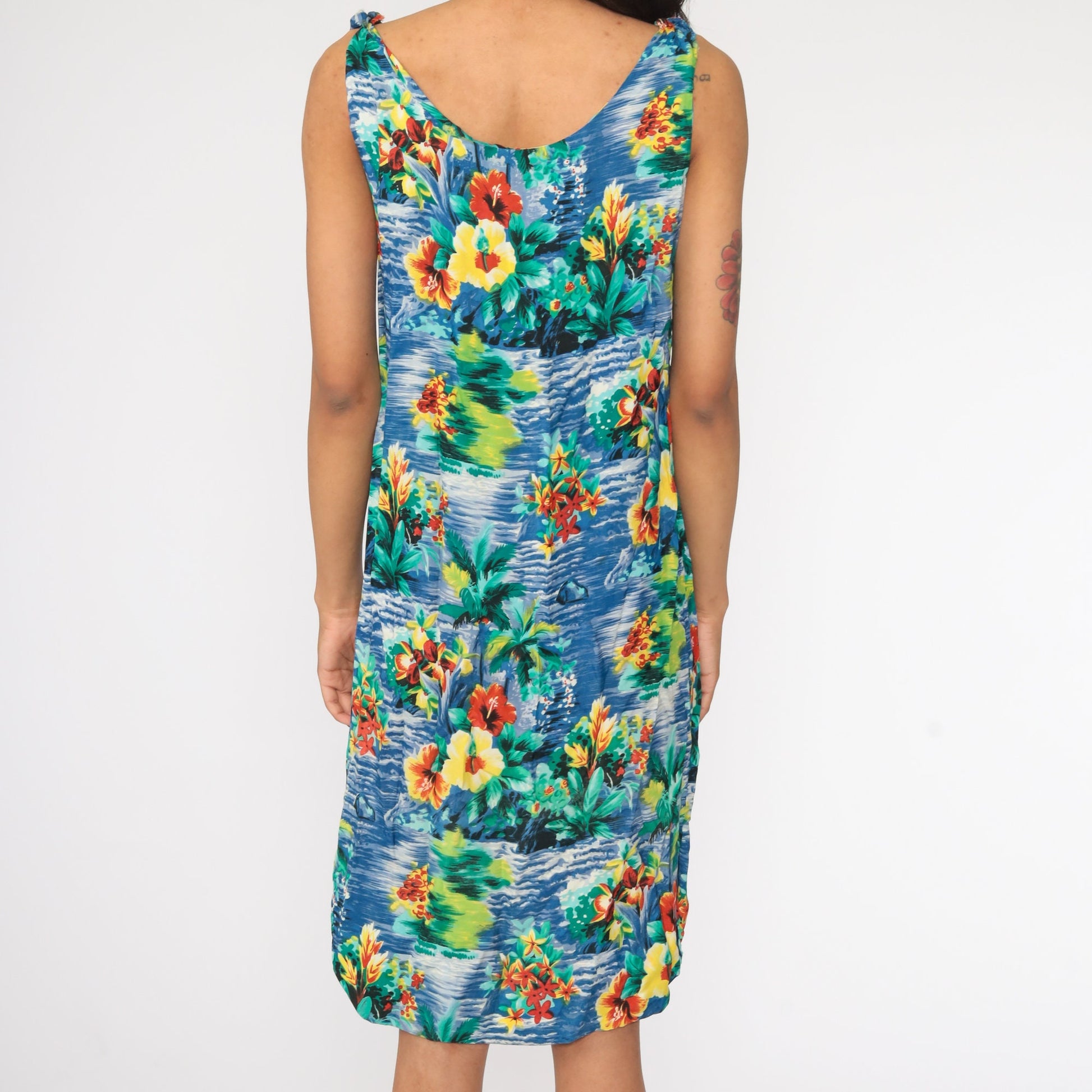 90s Blue Hawaiian Floral Mini Dress Sleeveless Shift Tank Small