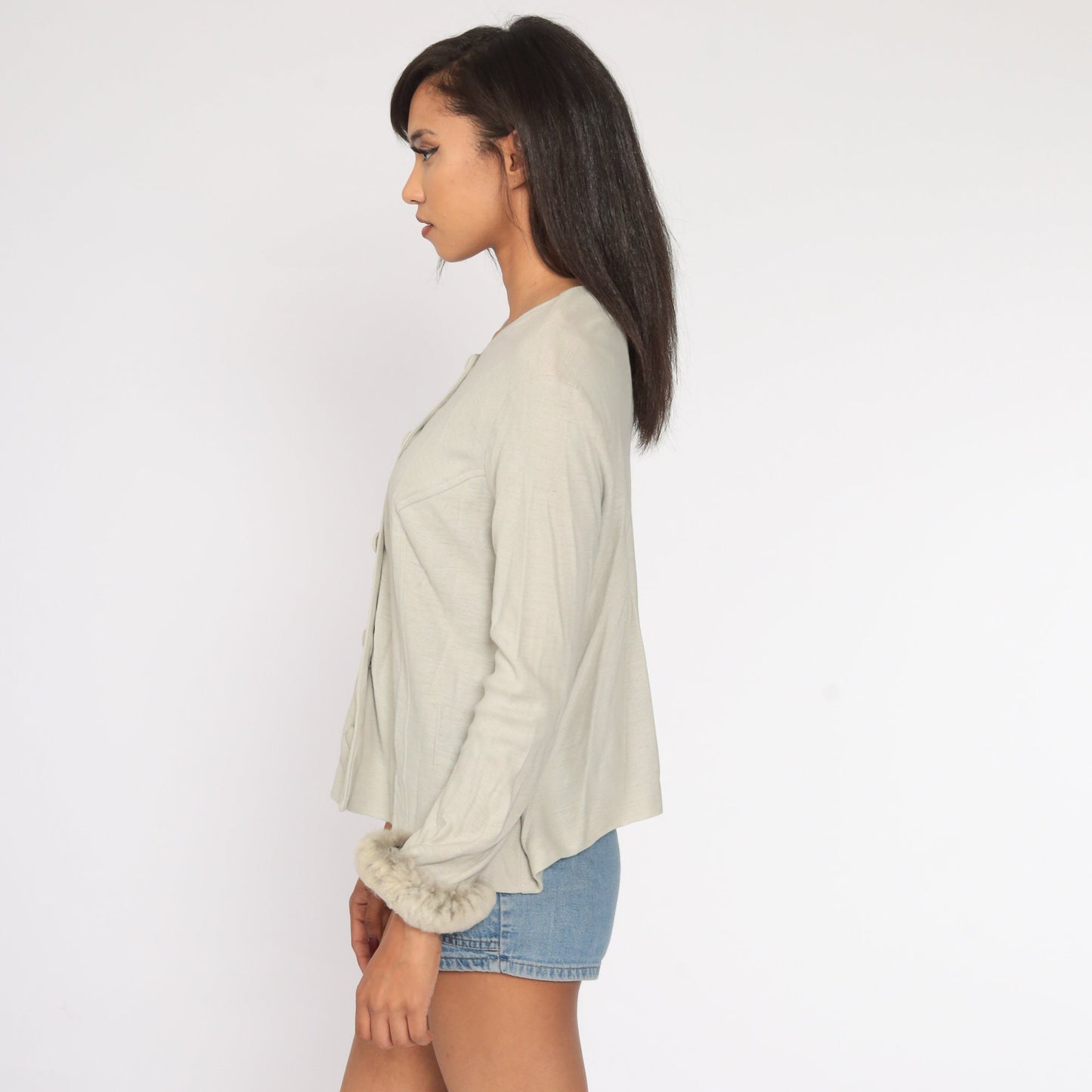 80s Grey Button-Up Blouse with Faux Fur Trim Long Sleeve Large L