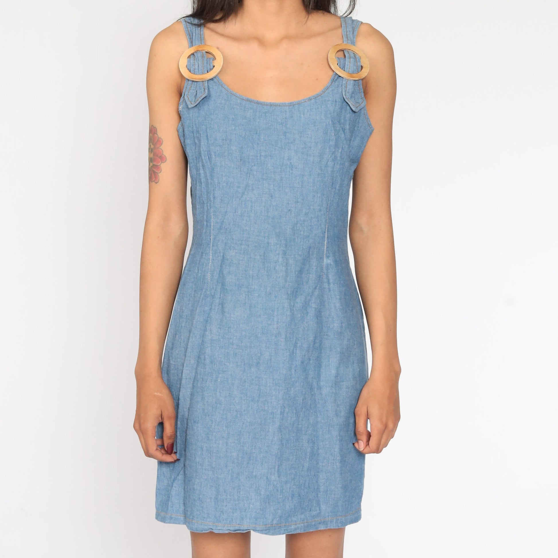 90s Blue Denim Mini Dress Sheath Cut Sleeveless Jumper Medium 8