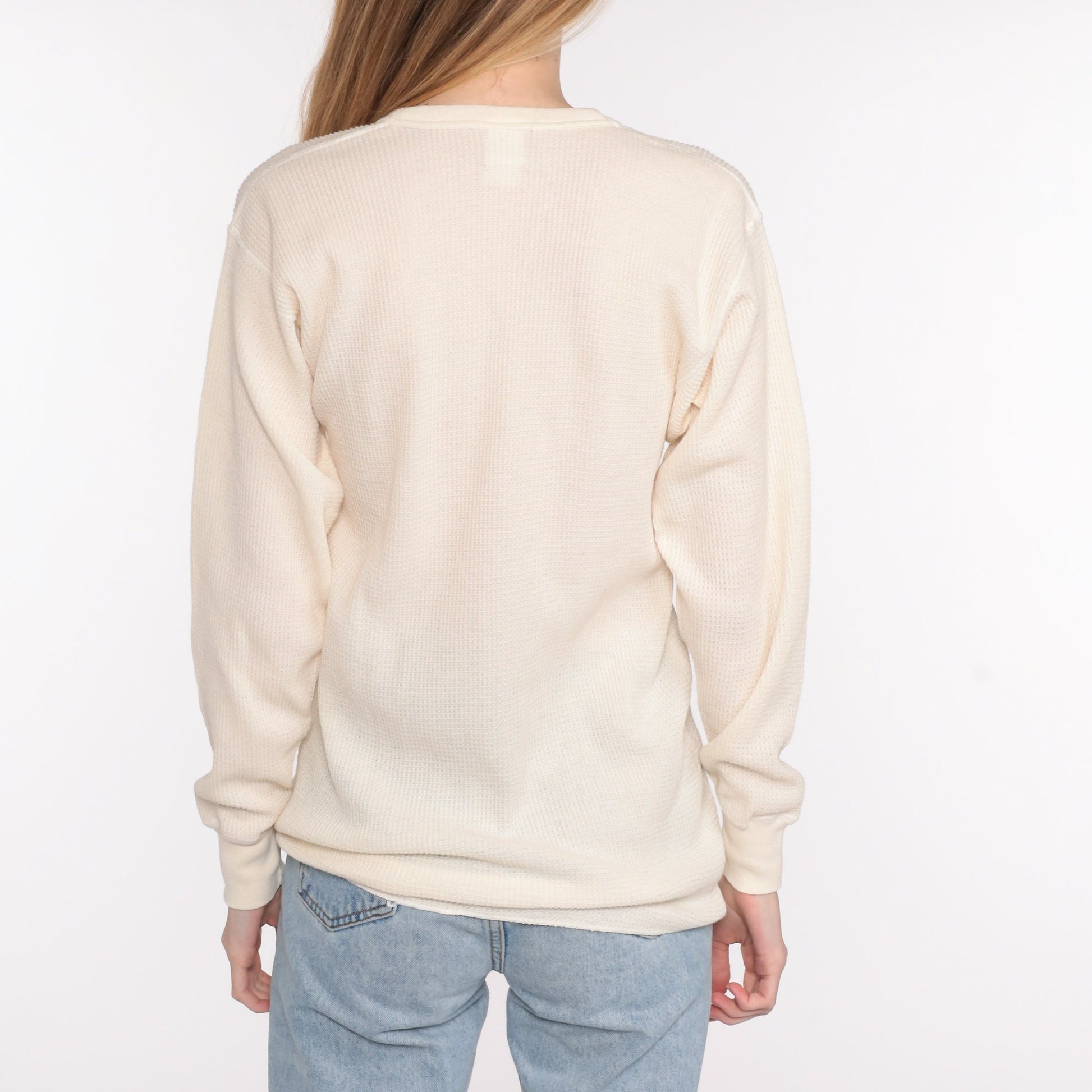 80s Hanes Cream Waffle Knit Thermal Long Sleeve Shirt Medium Large