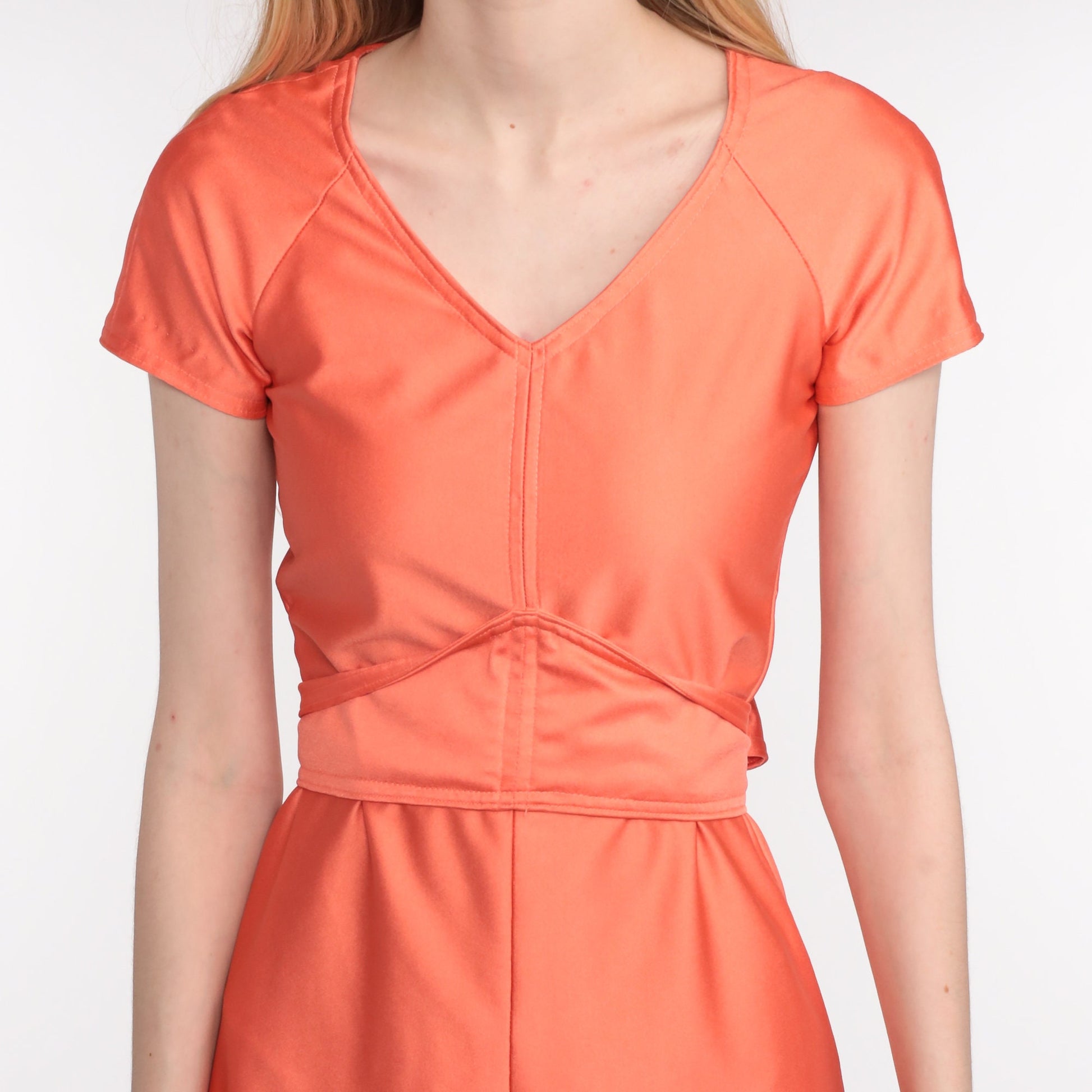 70s Orange Babydoll Mini Dress Empire Waist Deep V Neck Extra Small